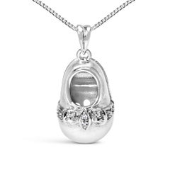 14K White Gold Diamond Accent Baby Shoe with Bow Pendant 18" Necklace