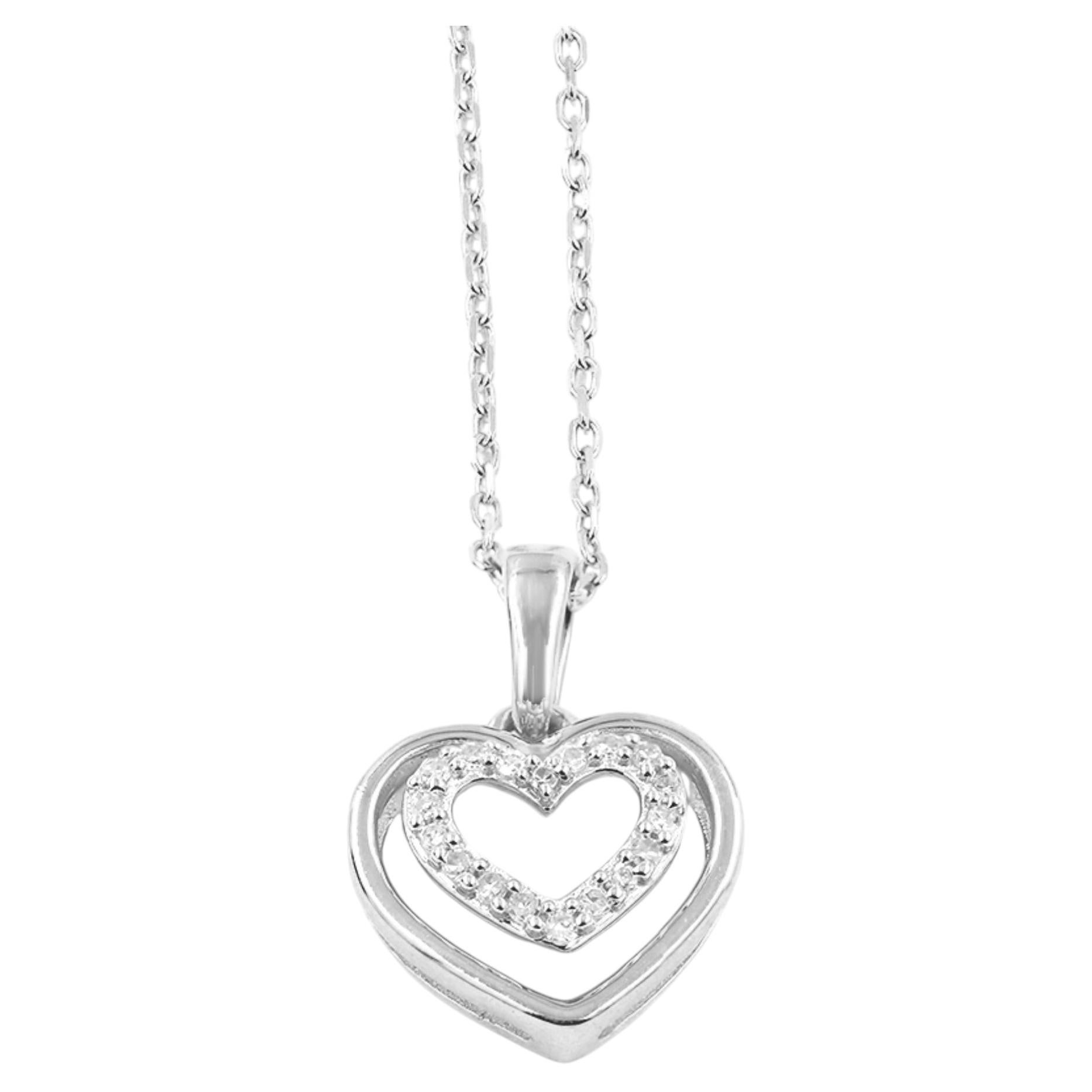 Collier à pendentif double cœur en or blanc 14K serti de diamants