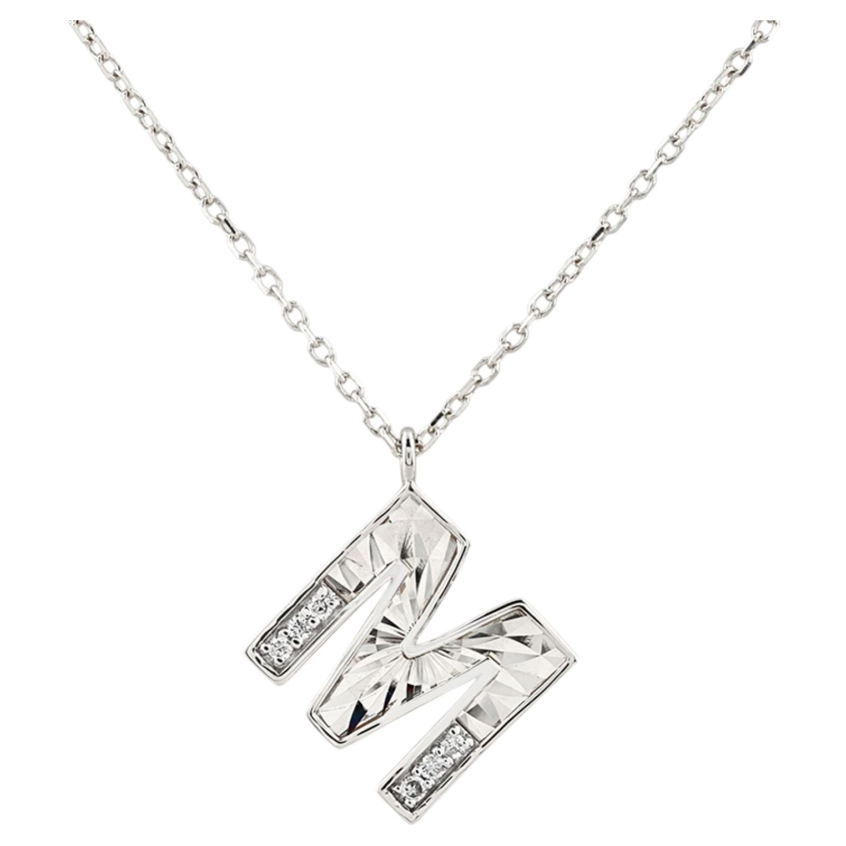 14K White Gold Diamond Accent Textured Initial "M" Pendant Necklace
