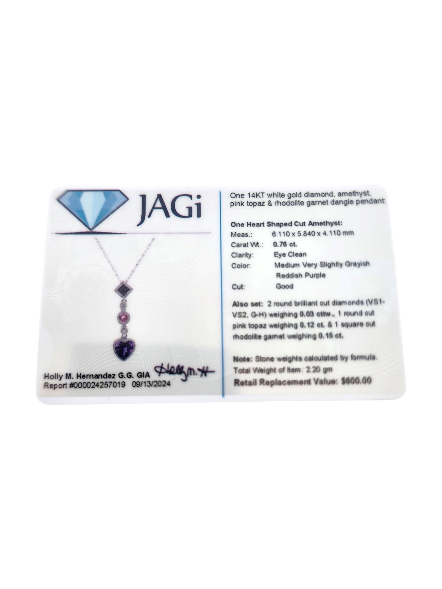 14K White Gold Diamond, Amethyst, Pink Topaz & Rhodolite Garnet Necklace #19032 For Sale 4