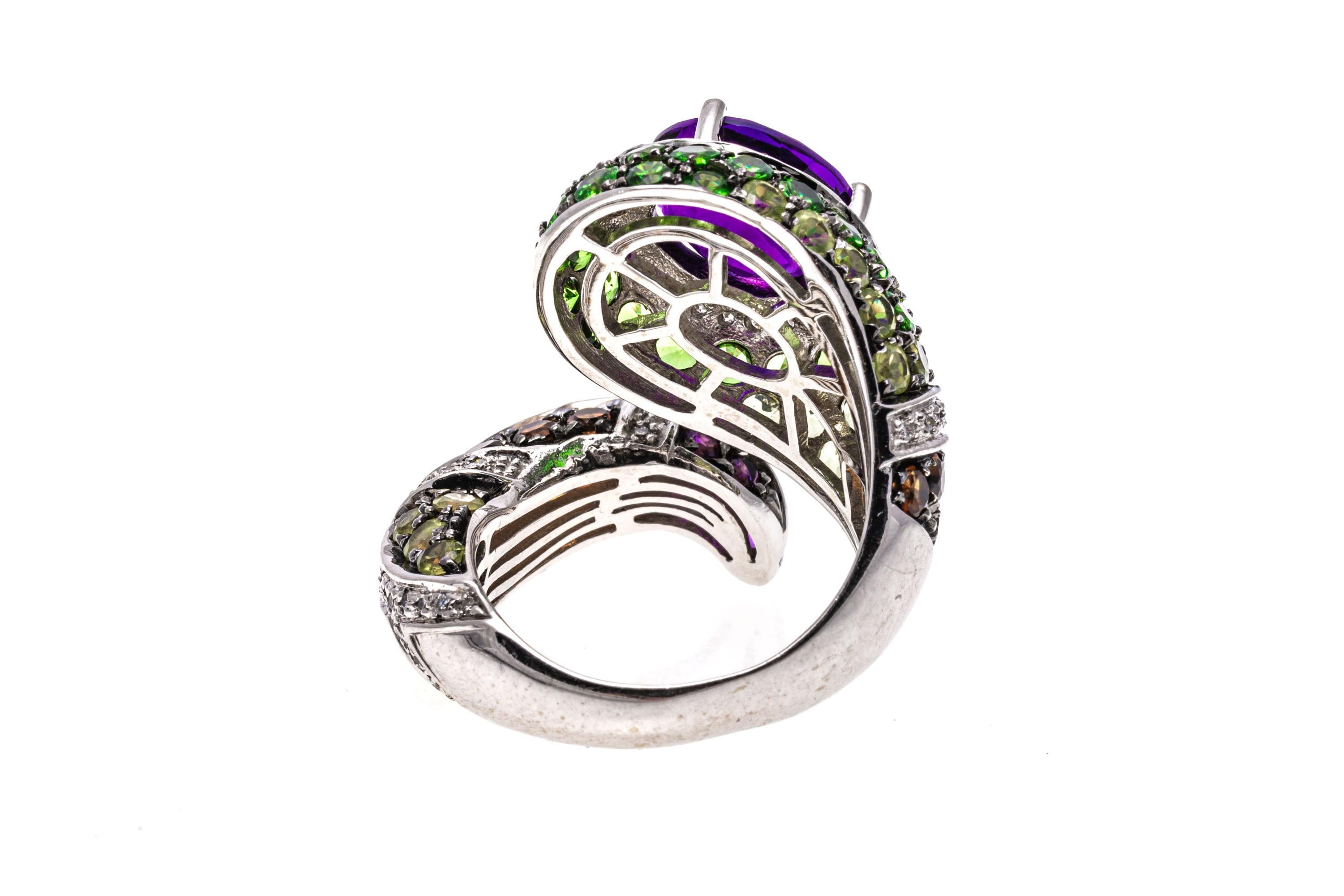 14k White Gold Diamond, Amethyst, Tsavorite And Citrine Serpent Ring In Good Condition For Sale In Southport, CT