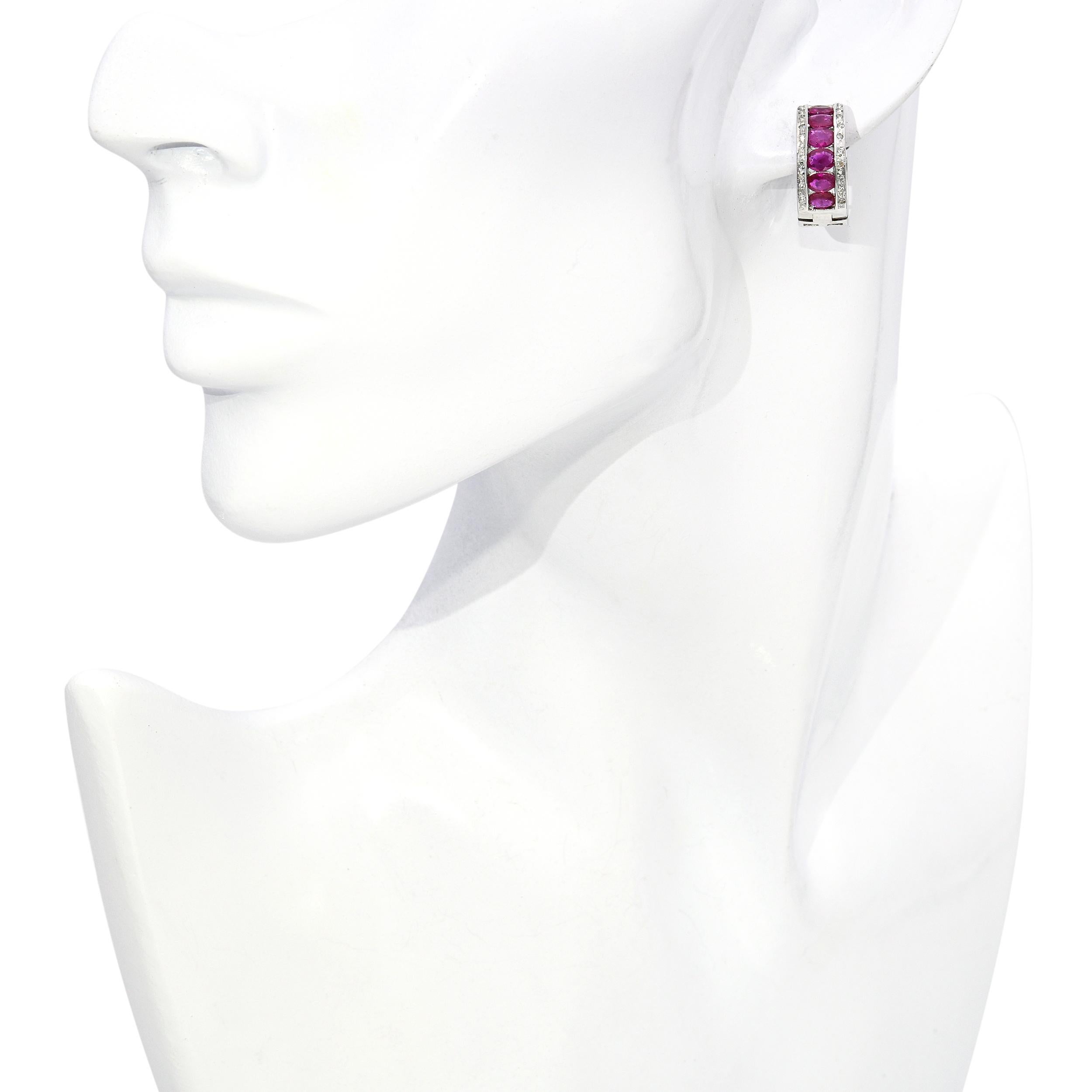 Mixed Cut 14k White Gold Diamond and 1.98tcw Ruby Hoop Earrings For Sale