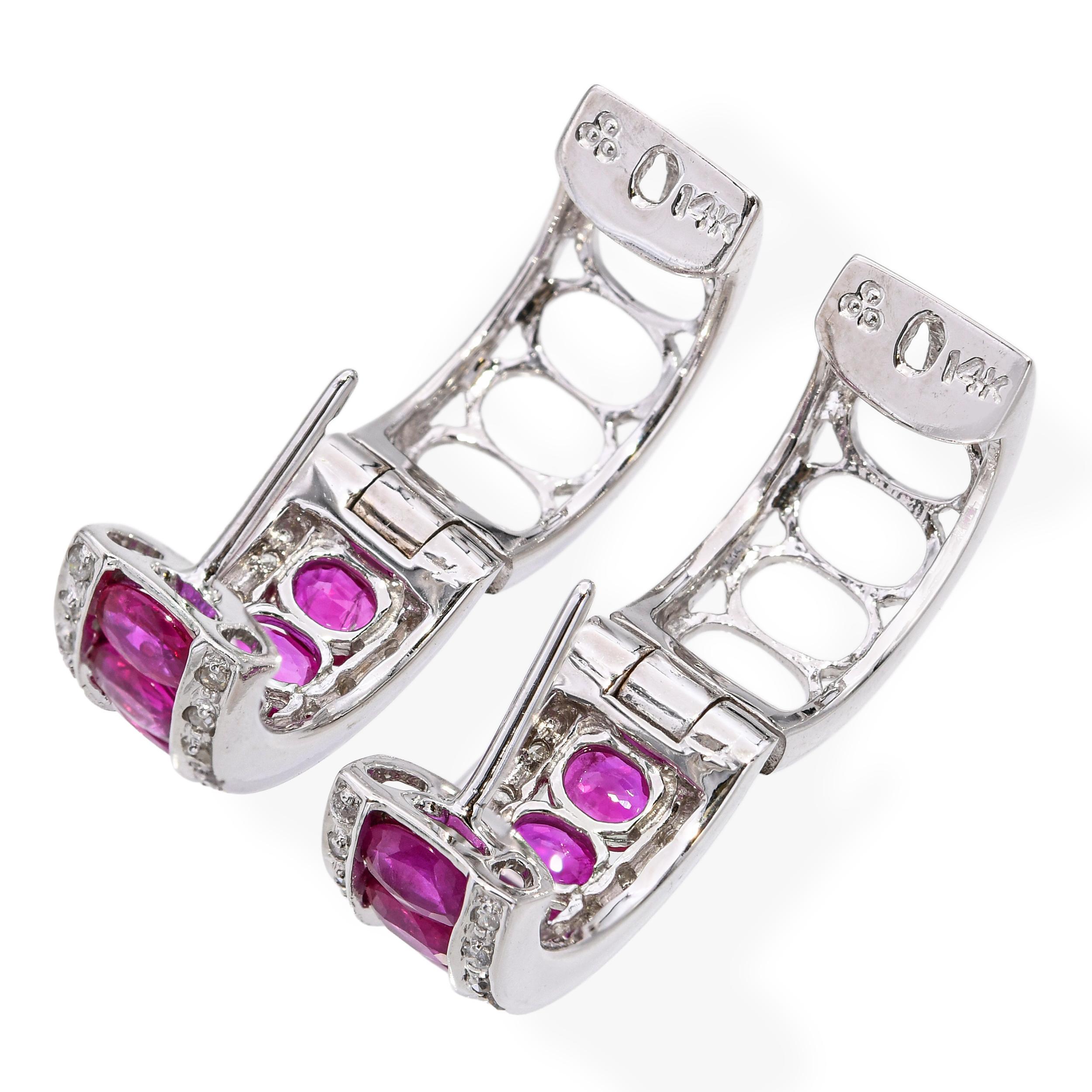14k White Gold Diamond and 1.98tcw Ruby Hoop Earrings In Good Condition For Sale In New York, NY