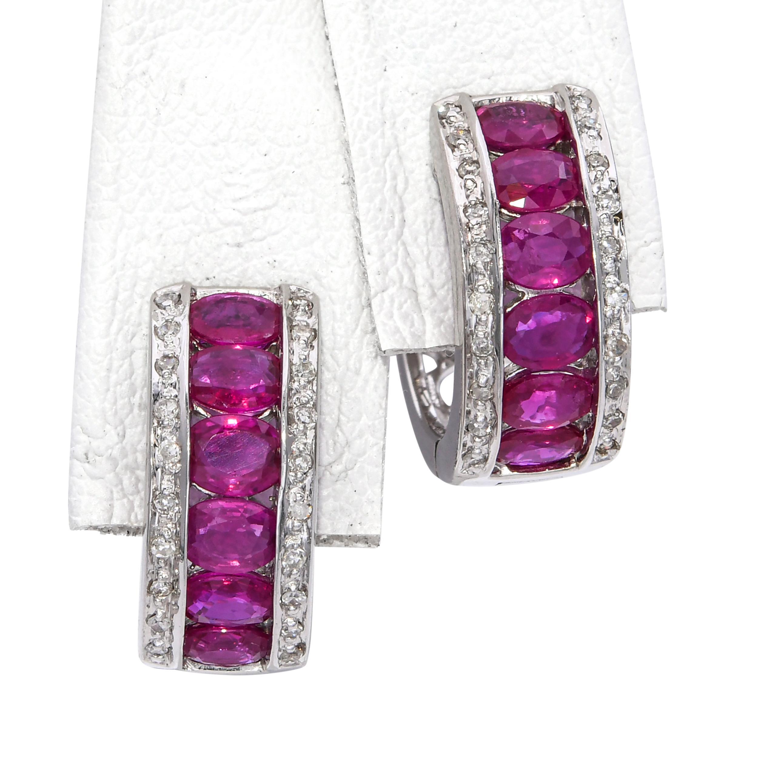 Women's 14k White Gold Diamond and 1.98tcw Ruby Hoop Earrings For Sale