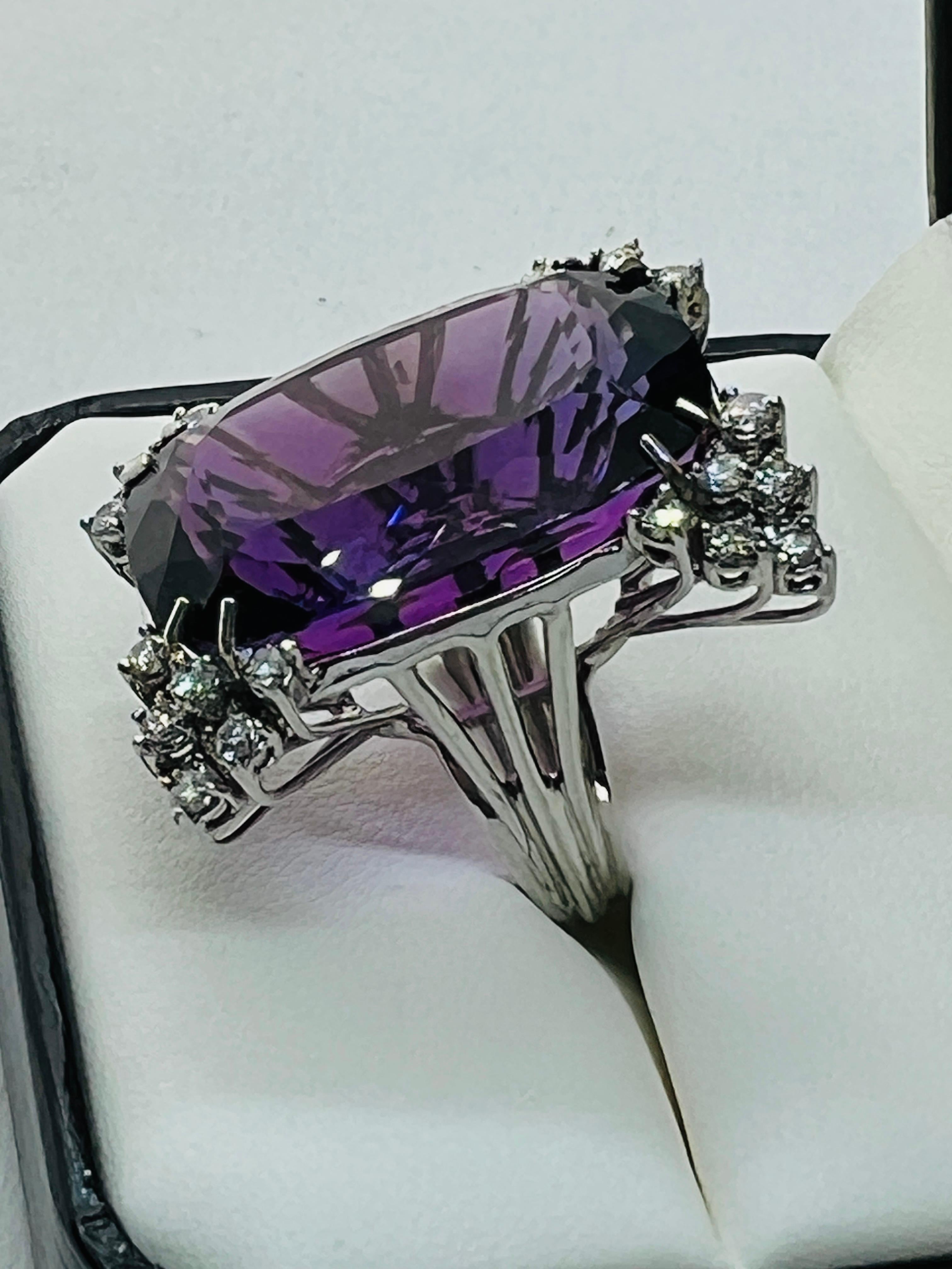 Contemporary 14K White Gold, Diamond and 44 carat Amethyst ladies Ring Size 5.75  For Sale