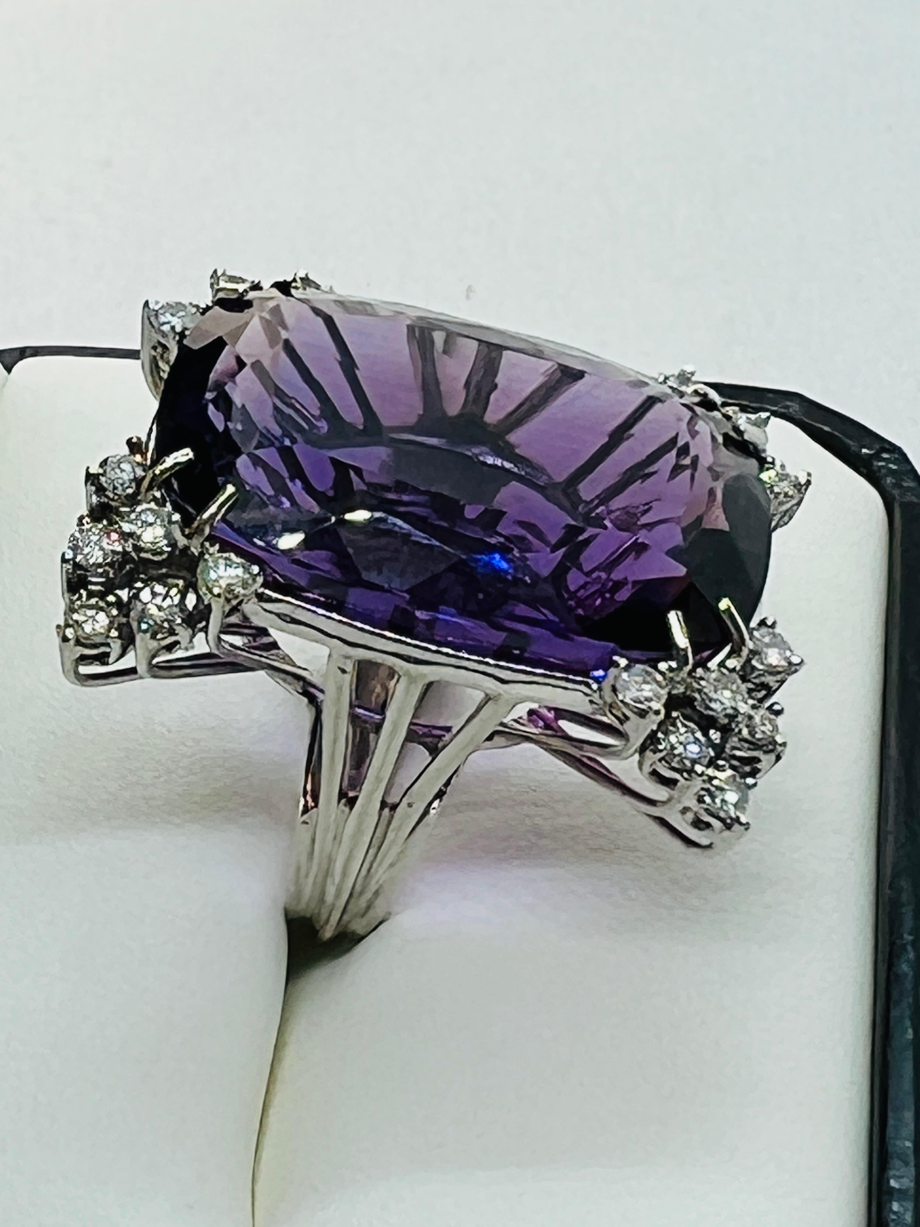 Cushion Cut 14K White Gold, Diamond and 44 carat Amethyst ladies Ring Size 5.75  For Sale