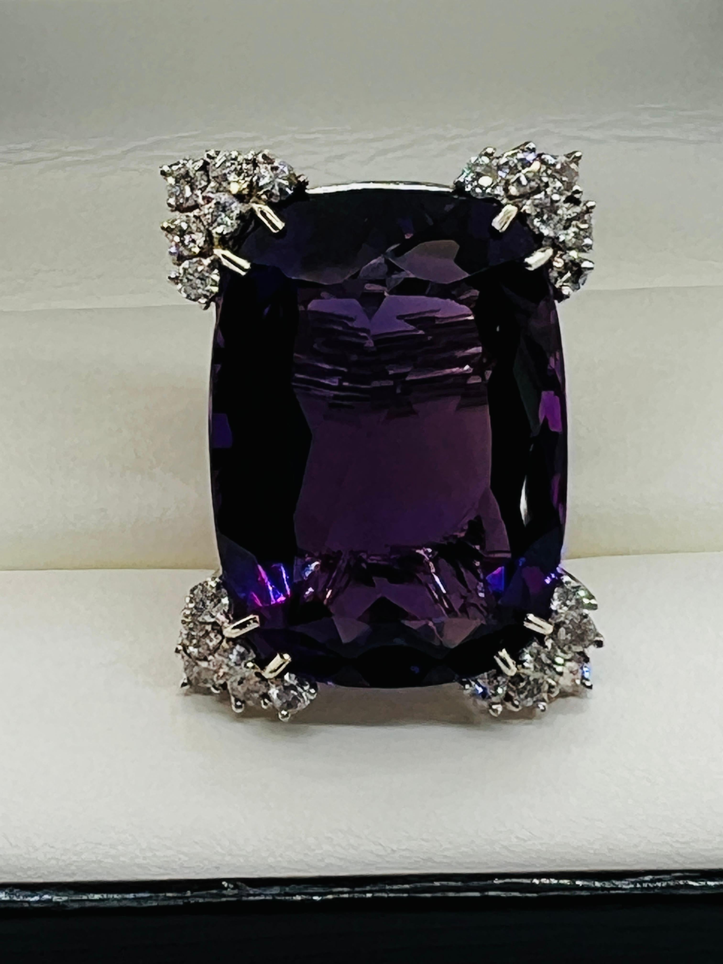 14K White Gold, Diamond and 44 carat Amethyst ladies Ring Size 5.75  In Excellent Condition For Sale In Birmingham, AL