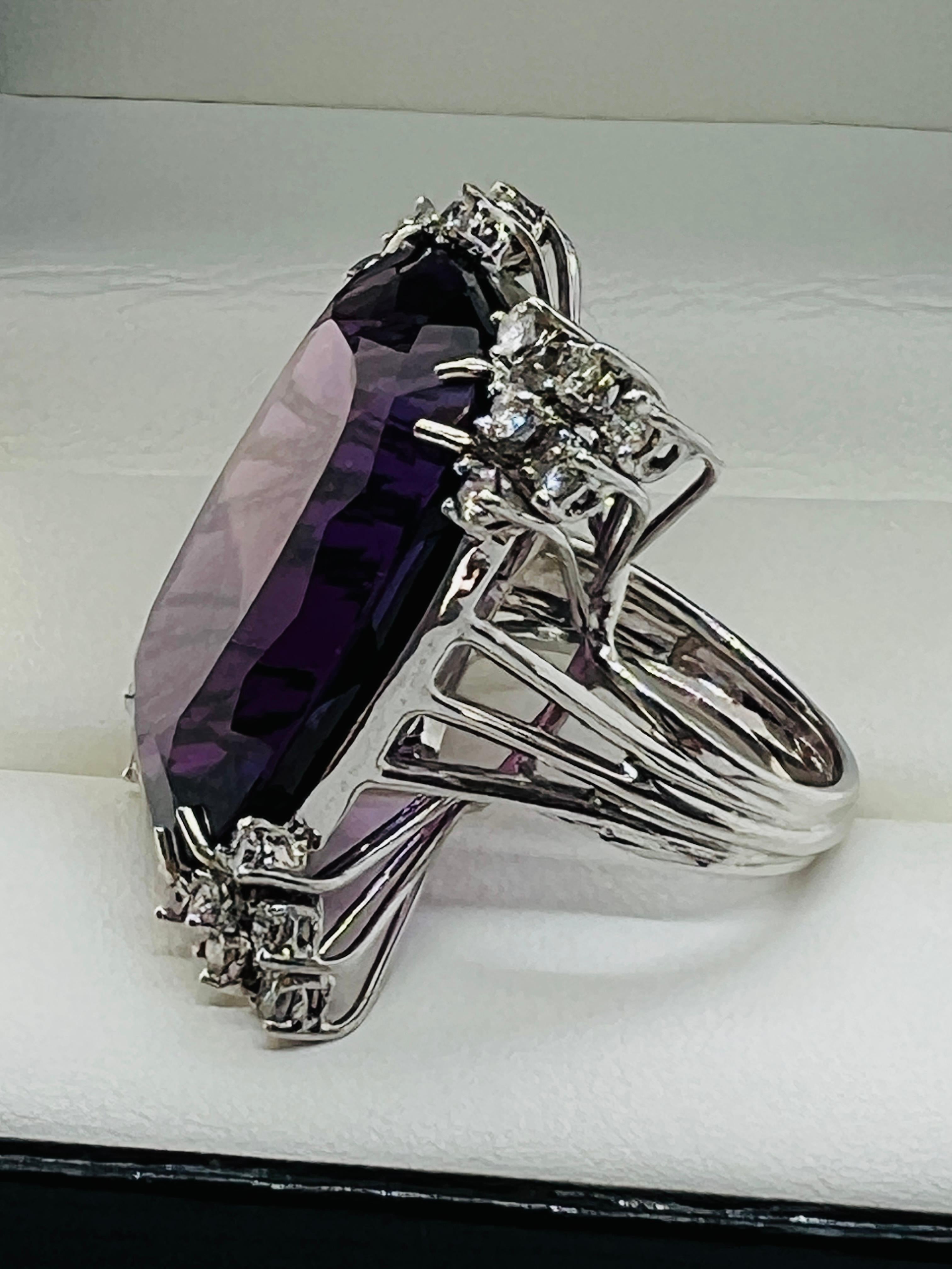 Women's or Men's 14K White Gold, Diamond and 44 carat Amethyst ladies Ring Size 5.75  For Sale