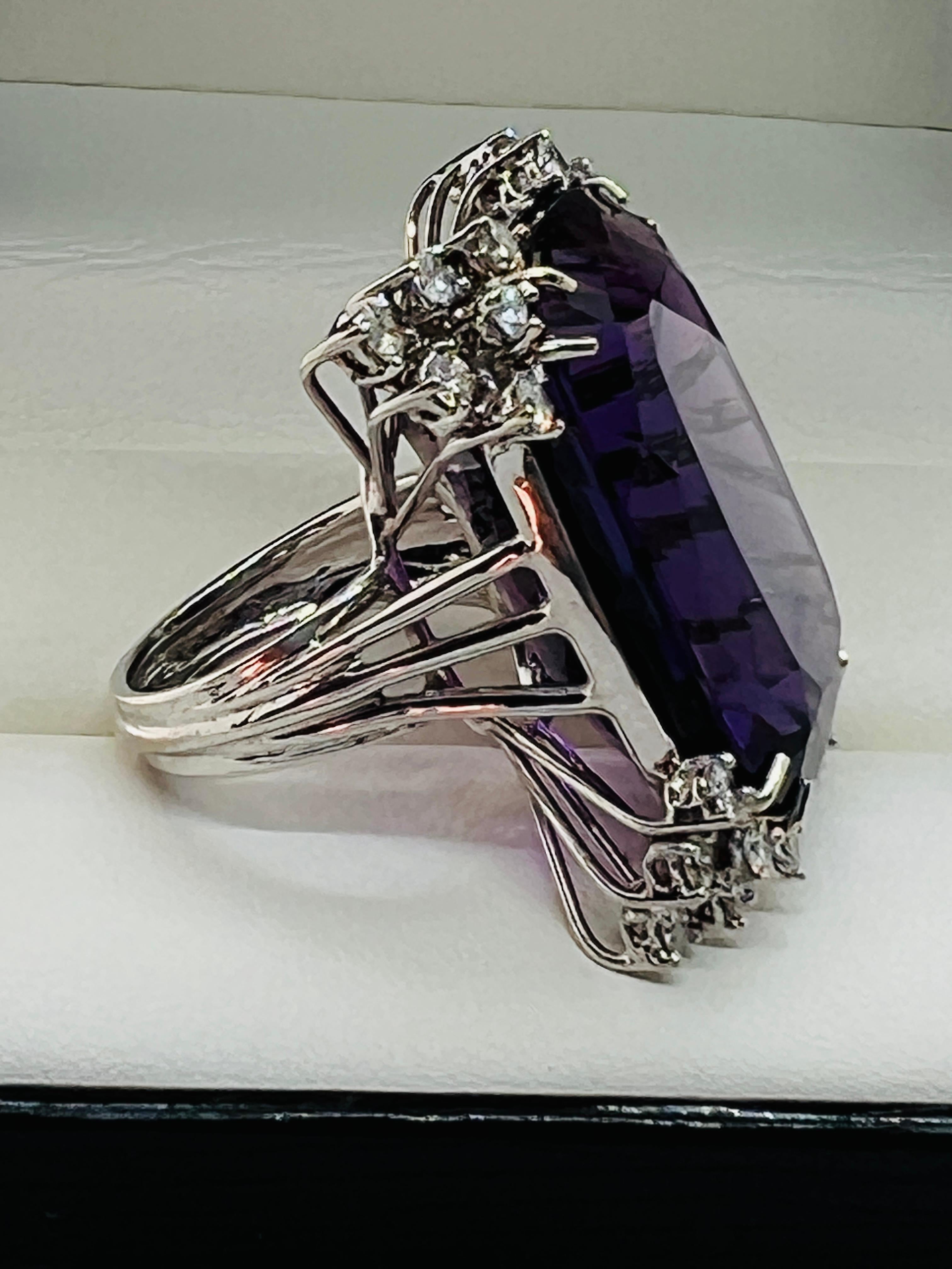 14K White Gold, Diamond and 44 carat Amethyst ladies Ring Size 5.75  For Sale 1