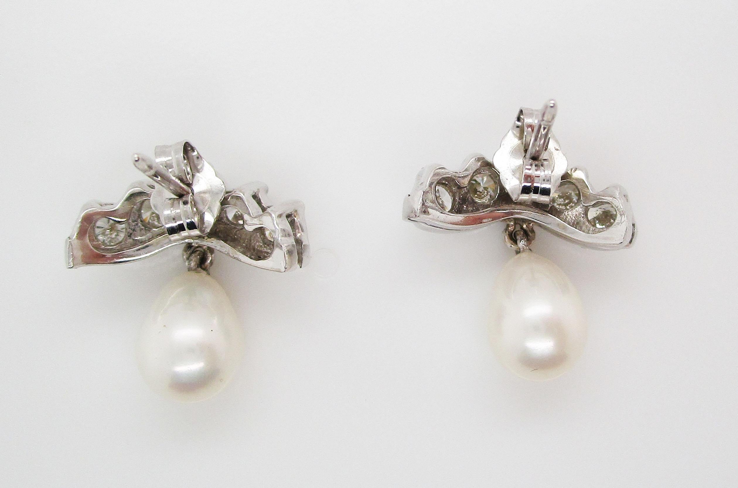14 Karat White Gold Diamond and Akoya Pearl Drop Crown Shaped Earrings In Excellent Condition In Lexington, KY