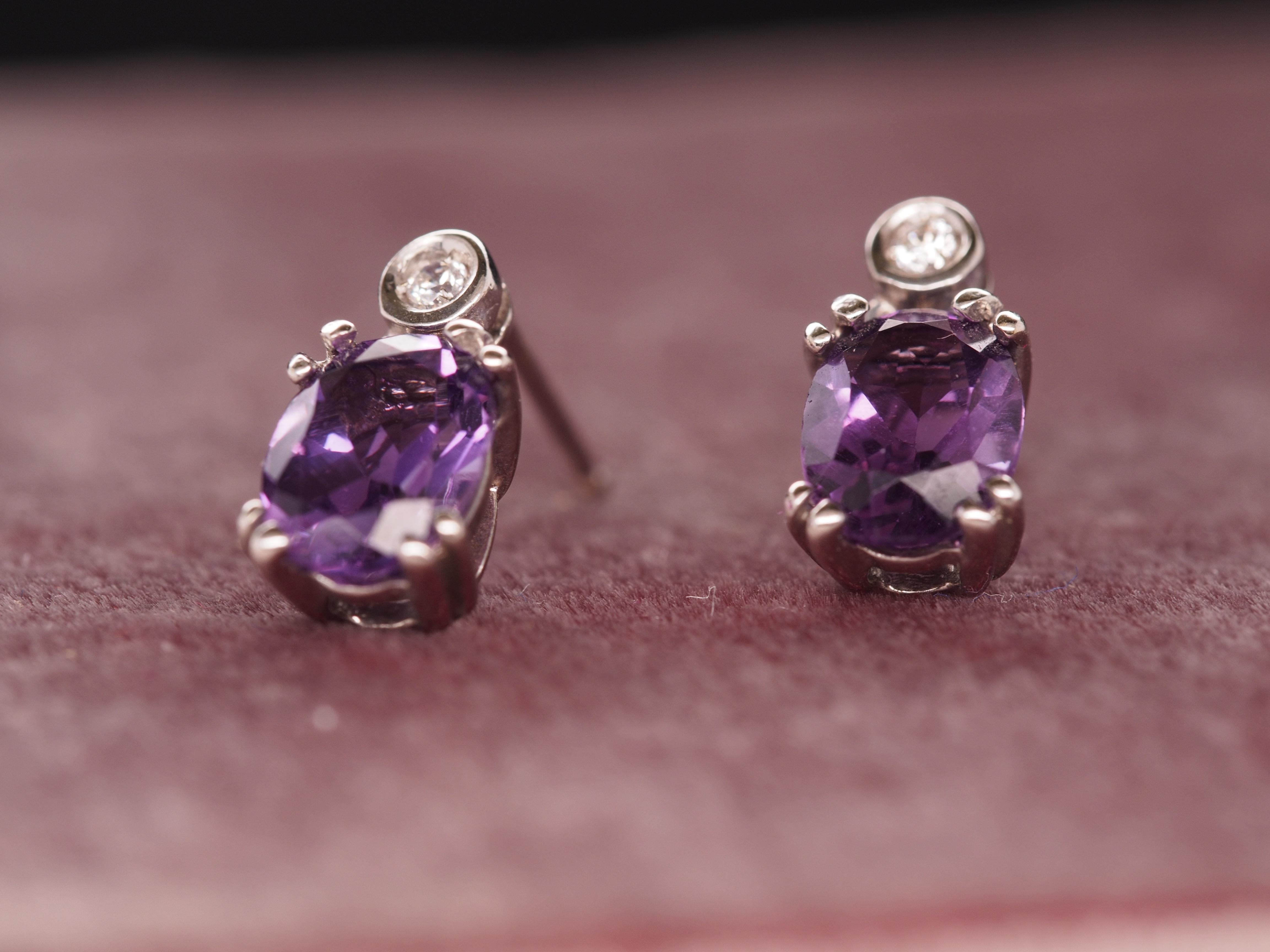 Contemporary 14k White Gold Diamond and Amethyst Earrings For Sale