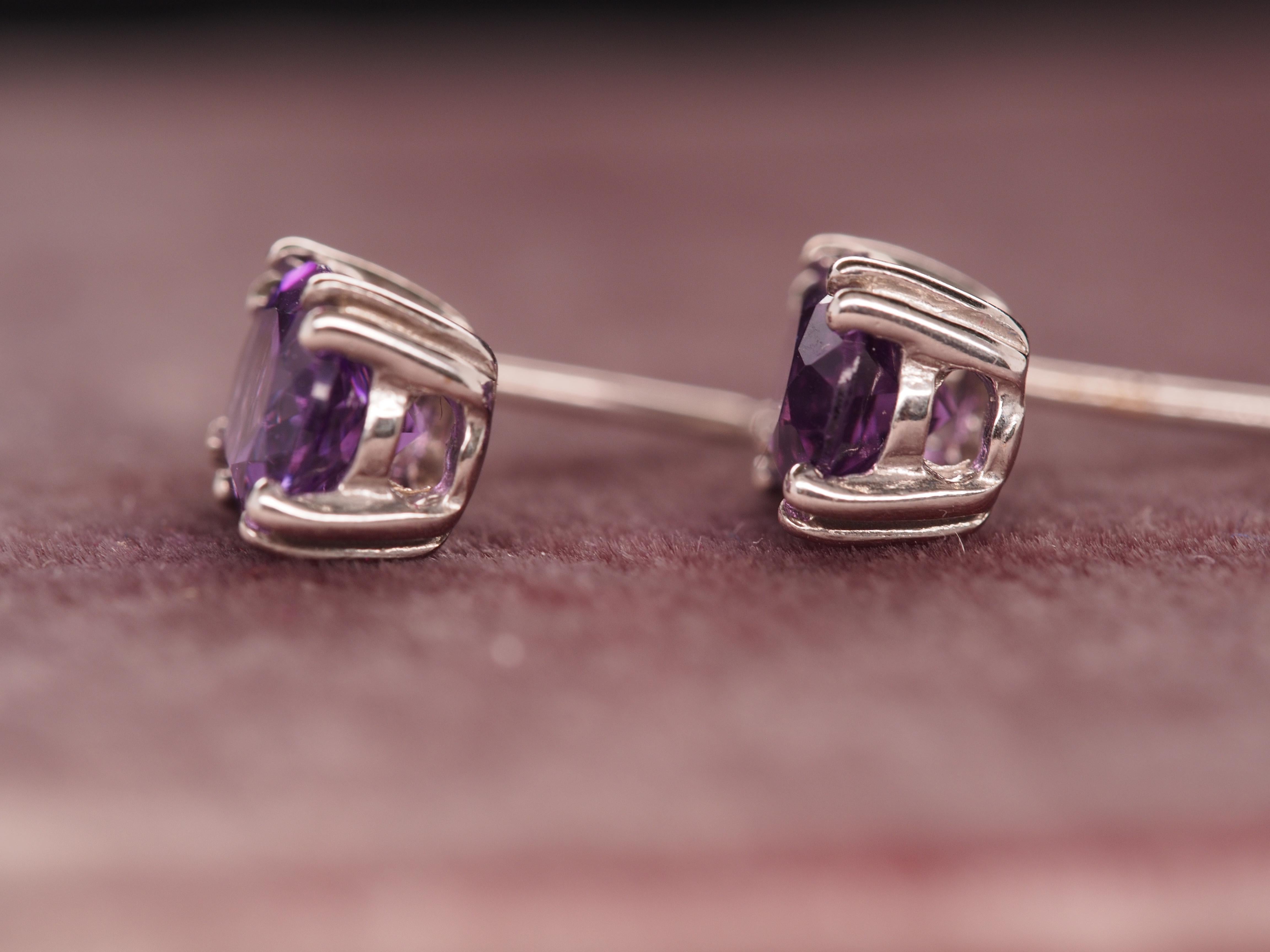 Round Cut 14k White Gold Diamond and Amethyst Earrings For Sale