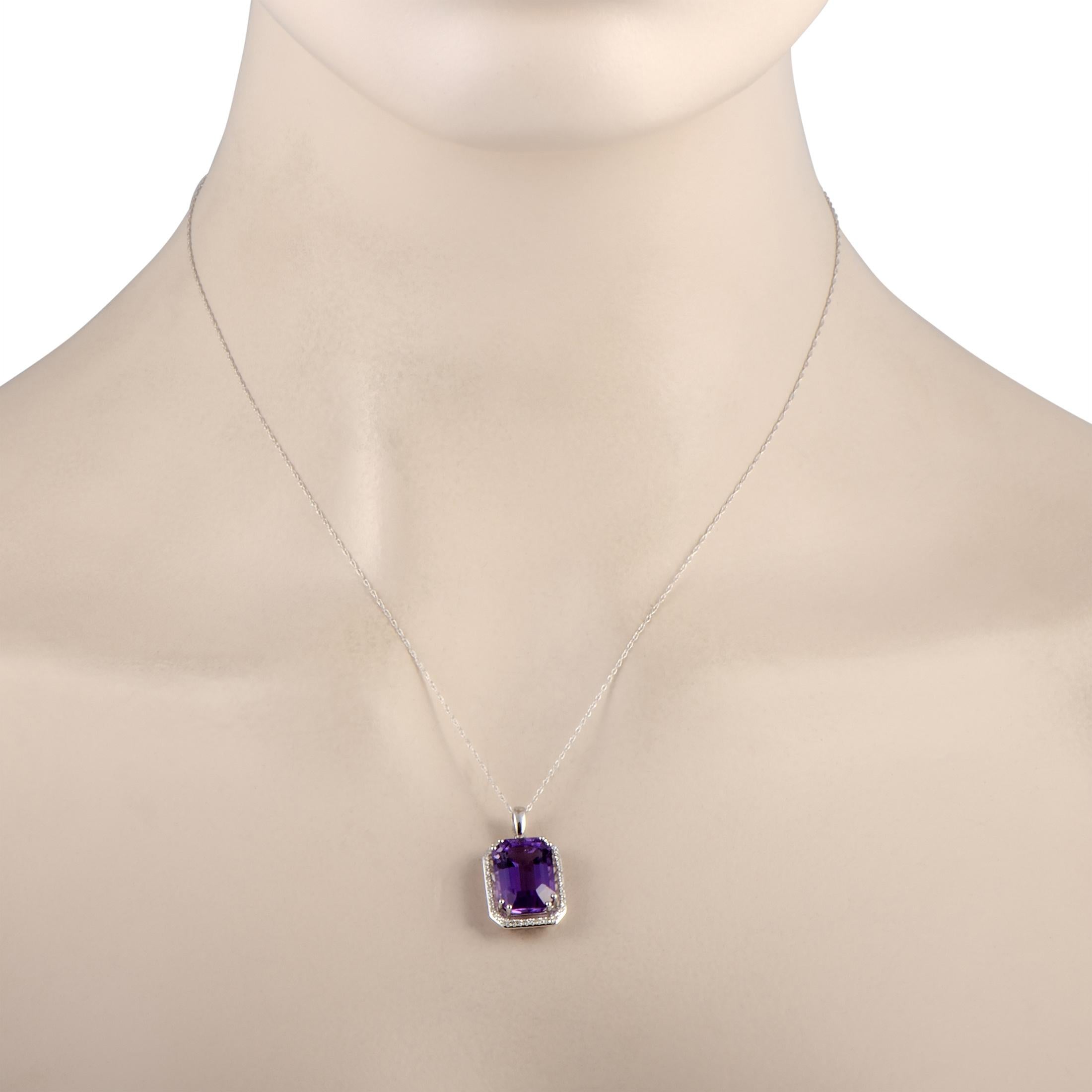 This necklace is made of 14K white gold and weighs 4.7 grams, boasting an 18.00” long chain and a 0.90” by 0.50” pendant. The necklace is set with an amethyst and with a total of 0.20 carats of diamonds.
 
 Offered in brand new condition, this item