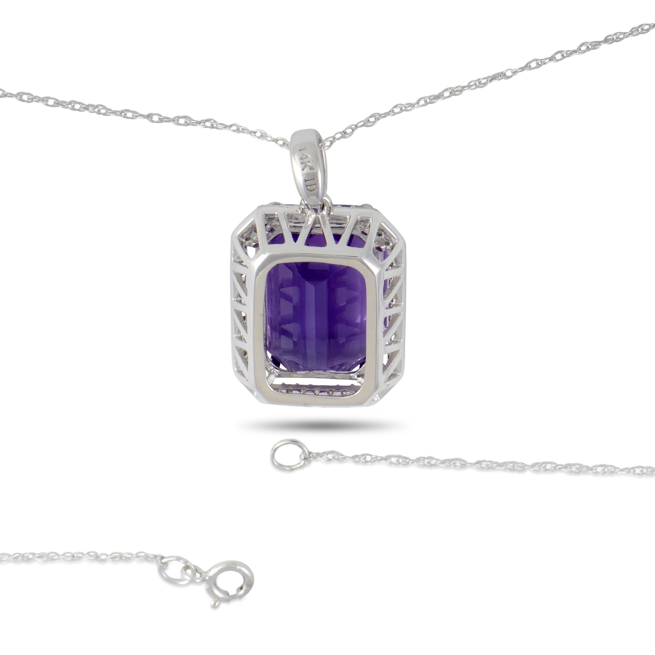 14 Karat White Gold Diamond and Amethyst Rectangle Cushion Pendant Necklace In New Condition In Southampton, PA