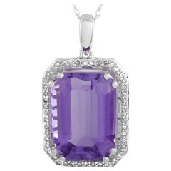 14 Karat White Gold Diamond and Amethyst Rectangle Cushion Pendant Necklace