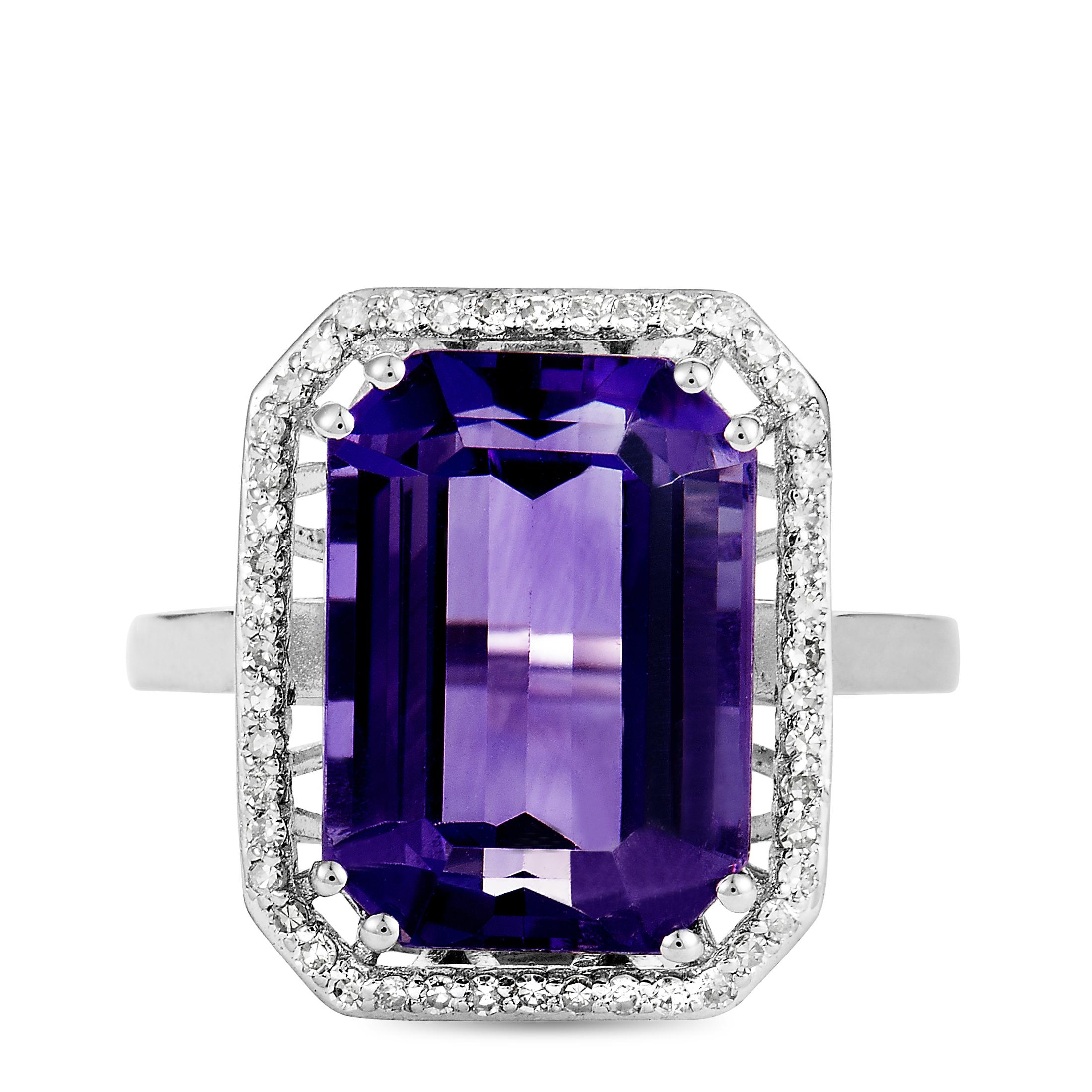 14 Karat White Gold Diamond and Amethyst Rectangle Cushion Ring 1