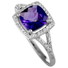 14 Karat White Gold Diamond and Amethyst Square Cushion Ring