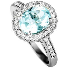 14 Karat White Gold Diamond and Aquamarine Oval Ring