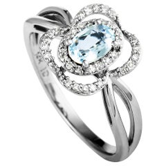 14 Karat White Gold Diamond and Aquamarine Rectangle Cushion Ring