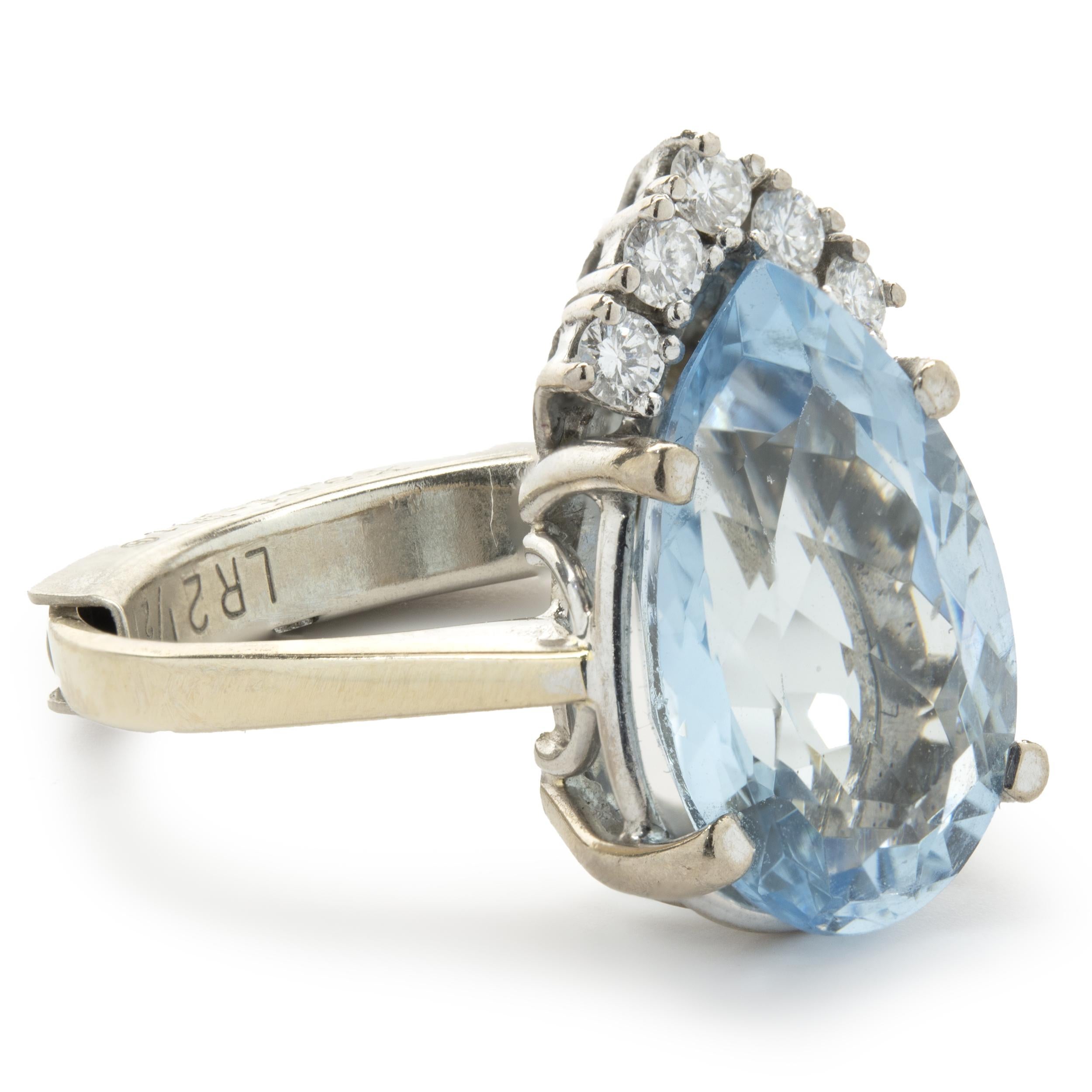 Designer : Custom
Material: 14k white gold
Aquamarine: 1 pear cut
Diamond: 5 round cut = 0.10cttw
Color: H
Clarity: SI1
Ring Size: 6 (please allow two additional shipping days for sizing requests)
Weight: 5.52 grams
