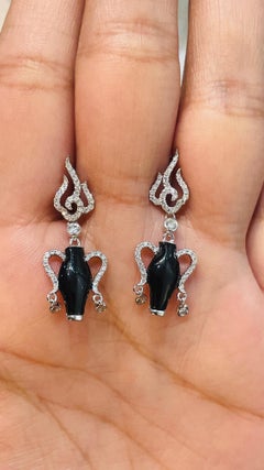 14K White Gold Diamond and Black Enameled Dangle Earrings