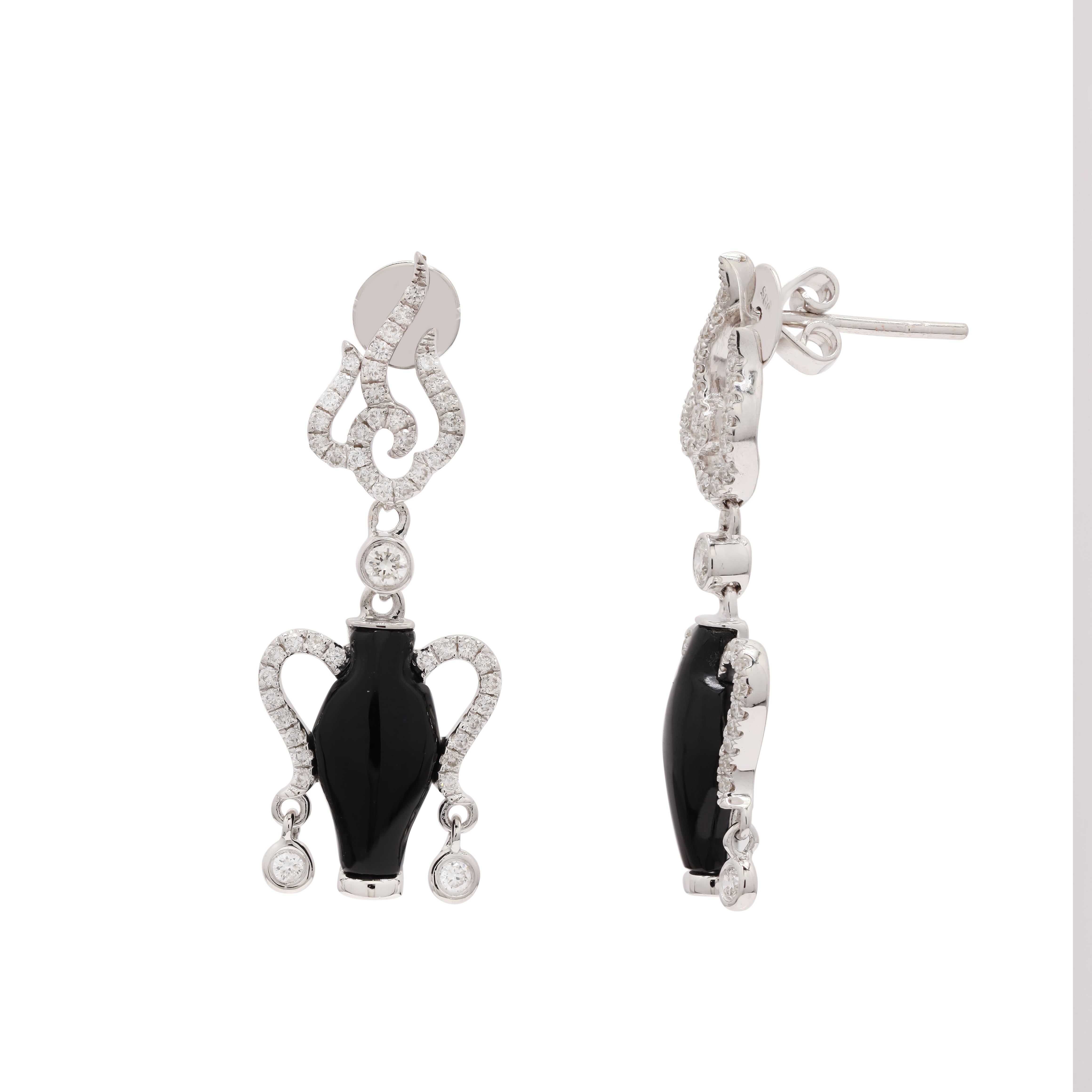 Artist 14K White Gold Diamond and Black Enameled Dangle Earrings For Sale