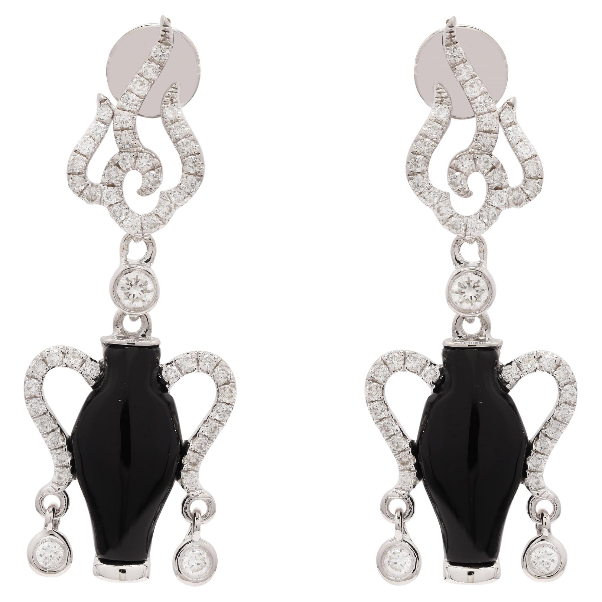 14K White Gold Diamond and Black Enameled Dangle Earrings For Sale