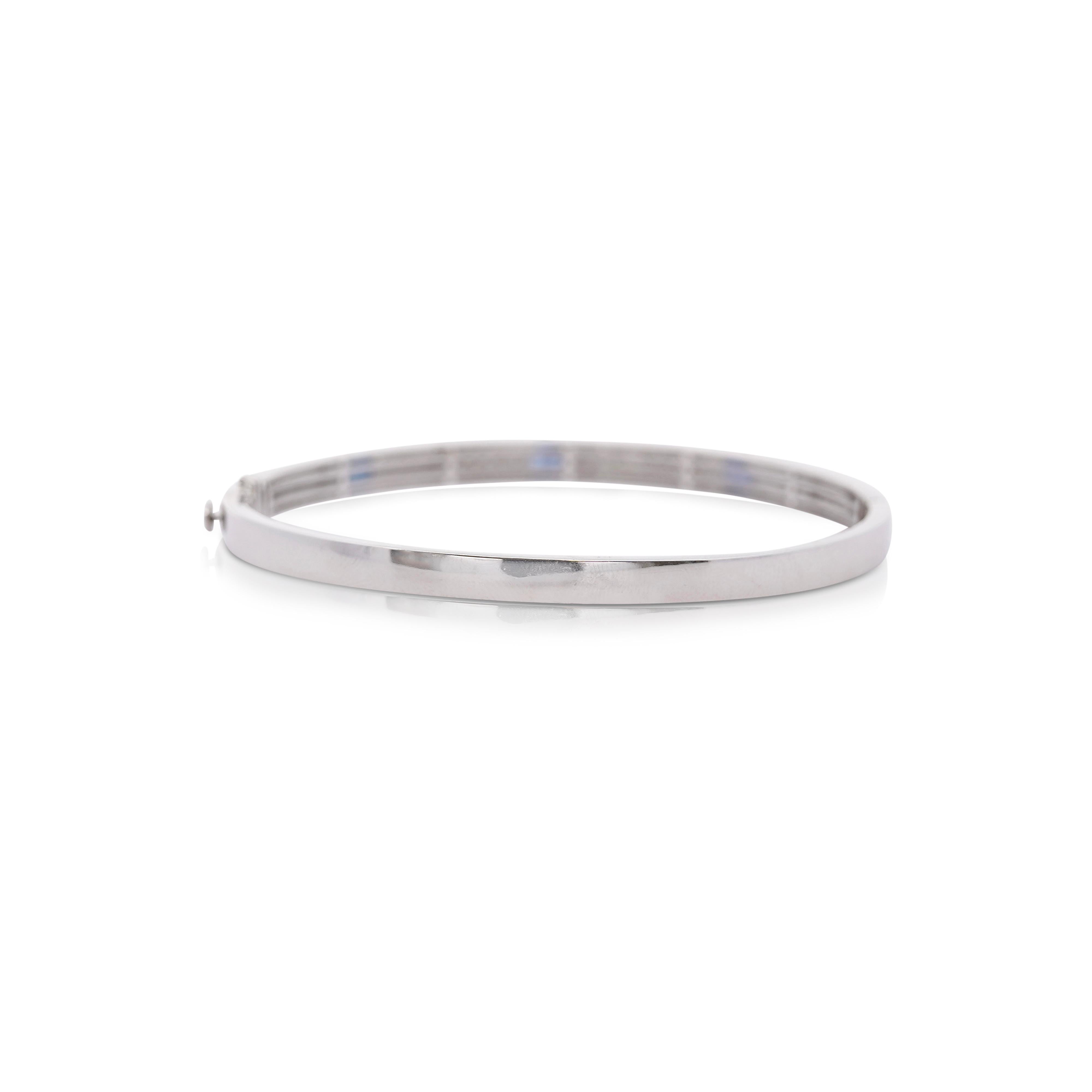 Art Deco 14K White Gold Diamond and Blue Sapphire Pave Bangle Bracelet For Sale