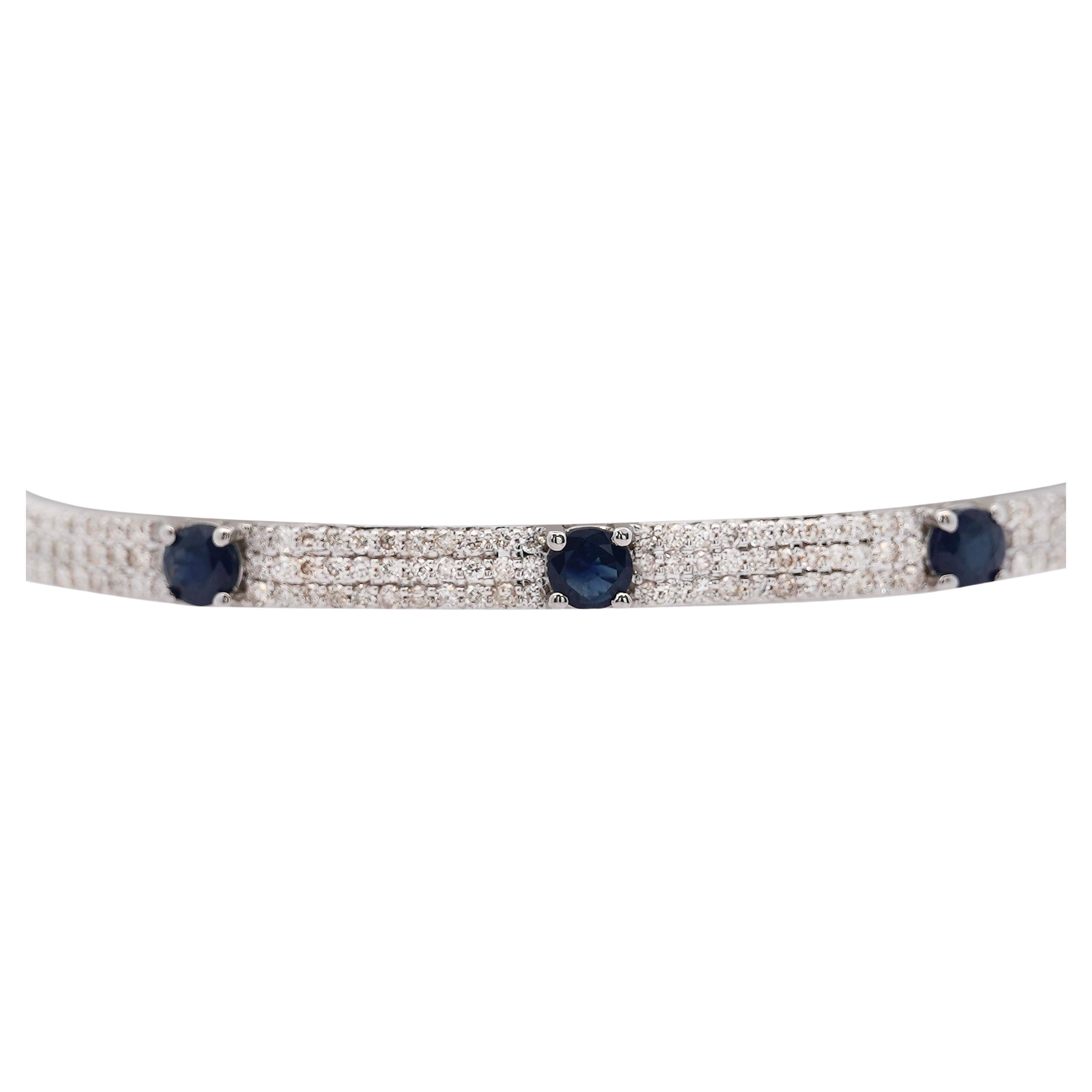 14K White Gold Diamond and Blue Sapphire Pave Bangle Bracelet