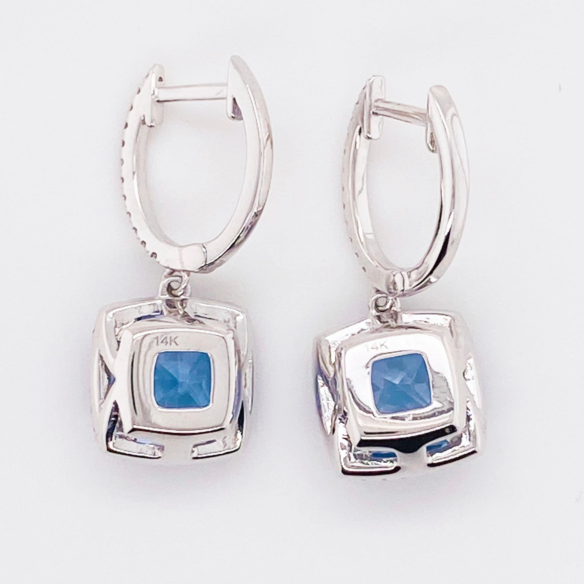 Contemporary 14 Karat White Gold Diamond and Blue Topaz Drop Earrings