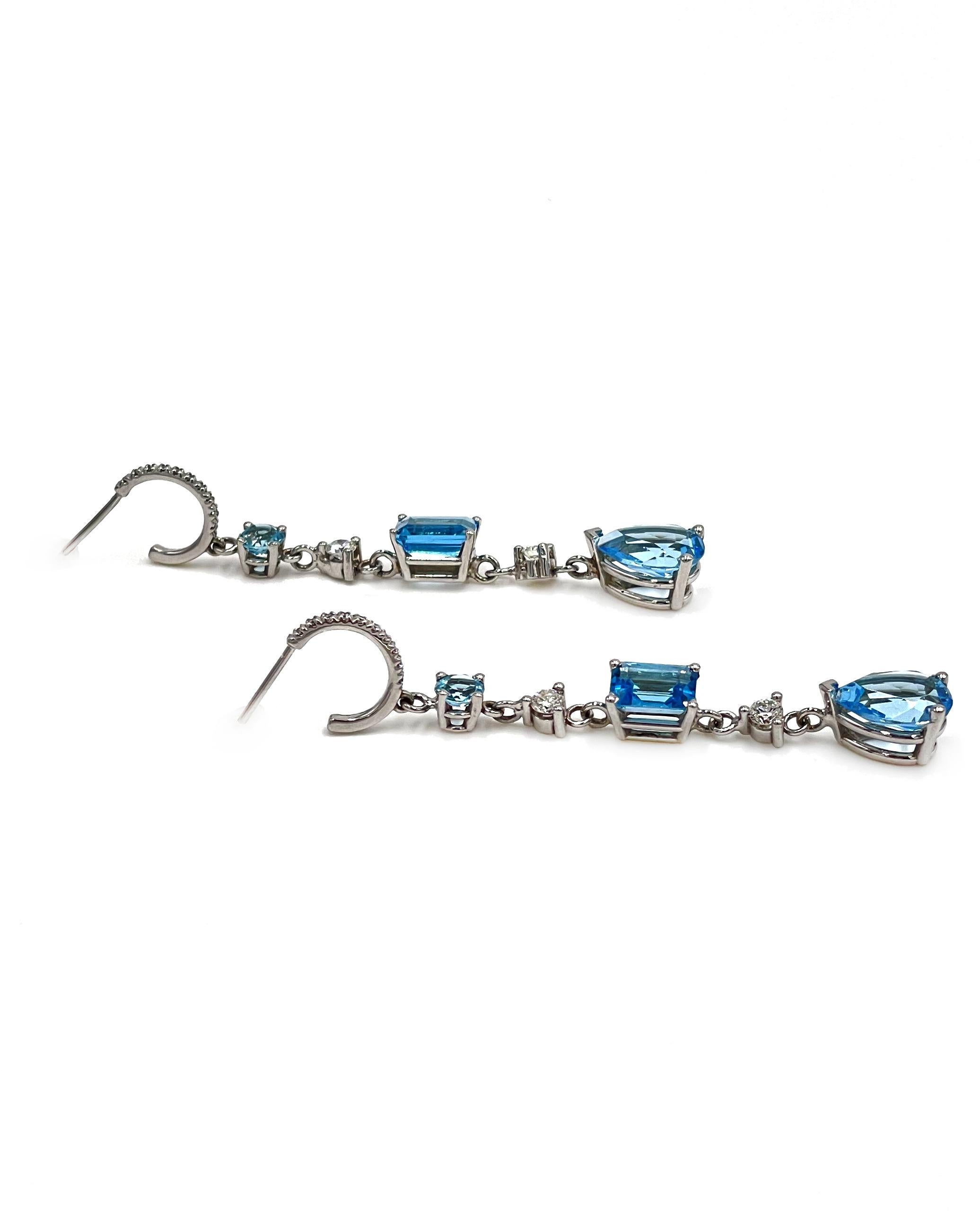 Contemporary 14K White Gold Diamond and Blue Topaz Long Earrings For Sale