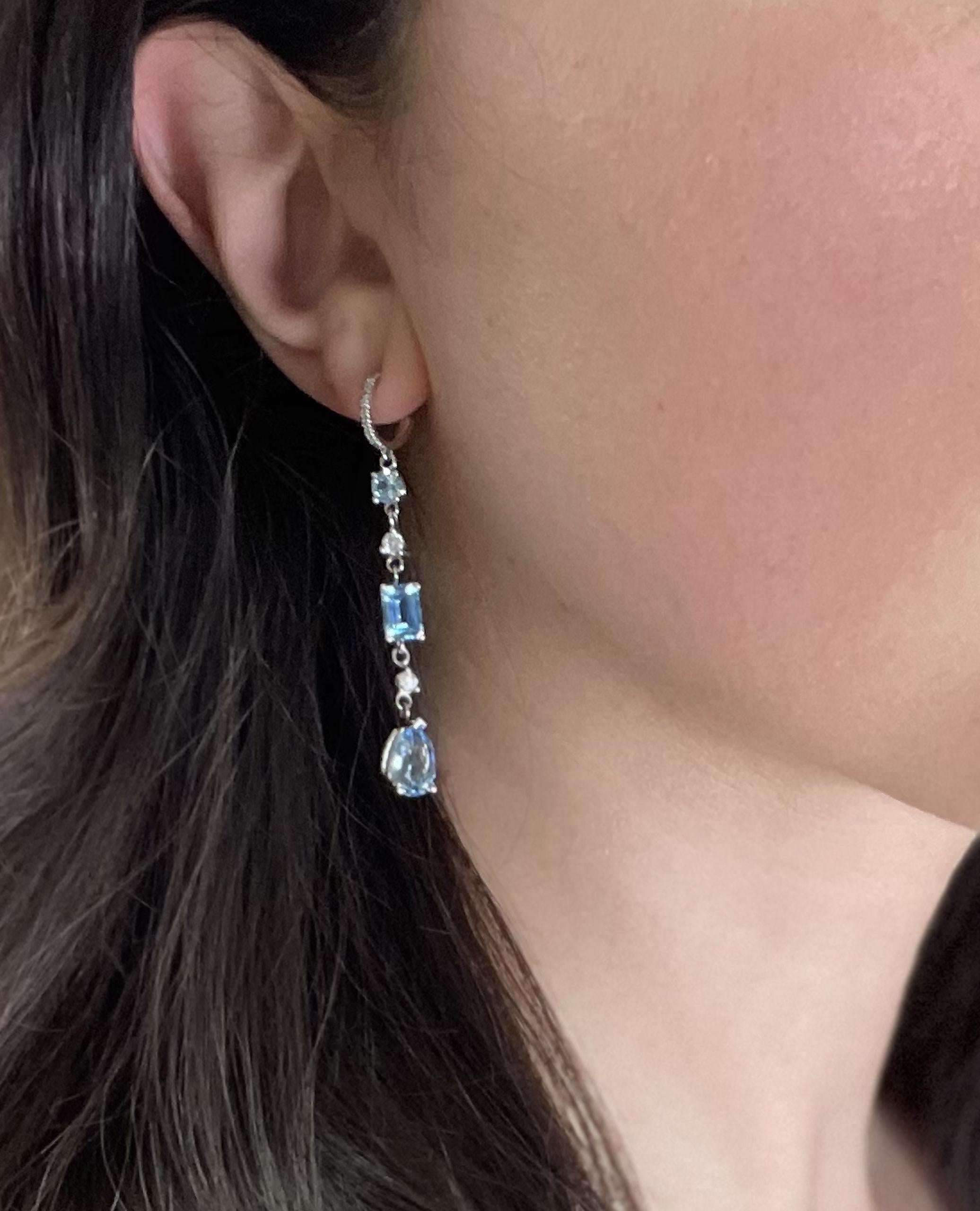Mixed Cut 14K White Gold Diamond and Blue Topaz Long Earrings For Sale