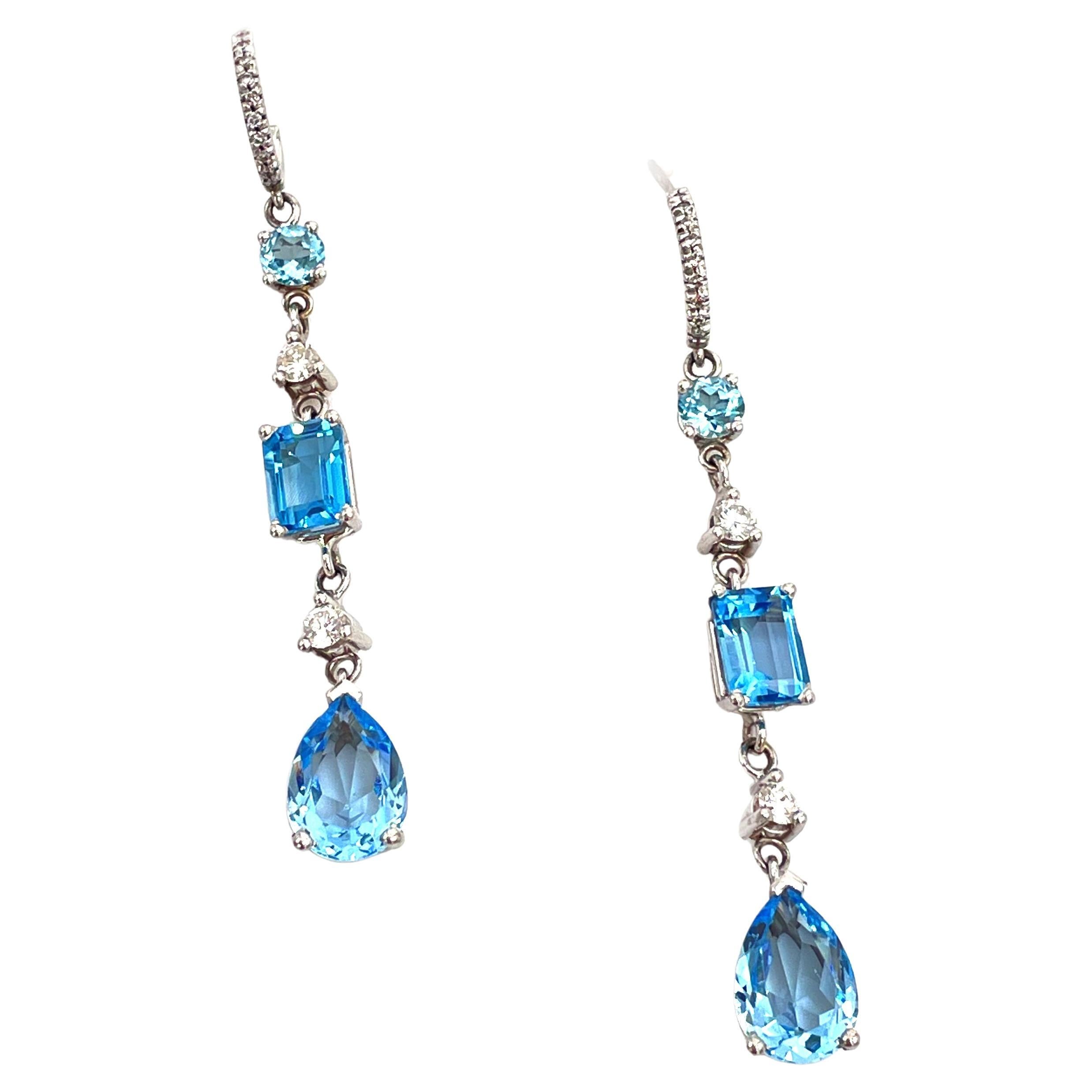 14K White Gold Diamond and Blue Topaz Long Earrings For Sale