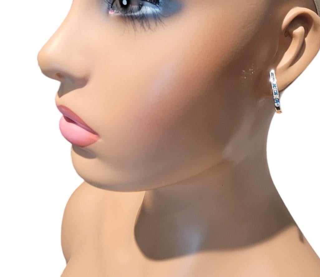 14K White Gold Diamond and Blue Topaz U Shaped Hoop Earrings #17231 For Sale 5