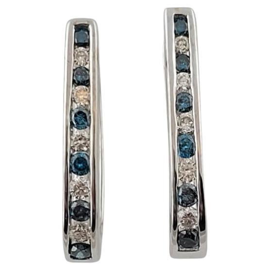14K White Gold Diamond and Blue Topaz U Shaped Hoop Earrings #17231 For Sale