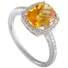 14 Karat White Gold Diamond and Citrine Rectangle Cushion Ring