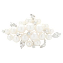 white gold pearl brooches 14k White Gold Diamond and Cluster Pearl Brooch