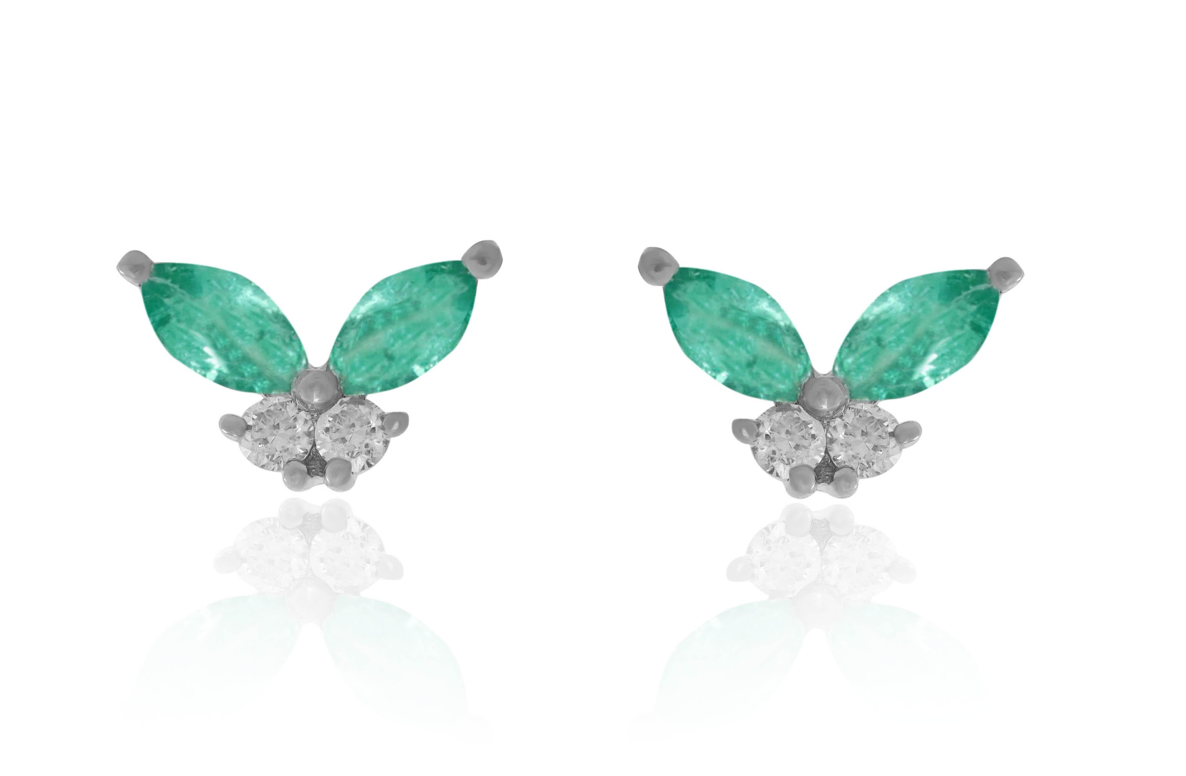 Round Cut 14K White Gold Diamond and Emerald Earrings