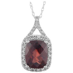 14 Karat White Gold Diamond and Garnet Oval Pendant Necklace