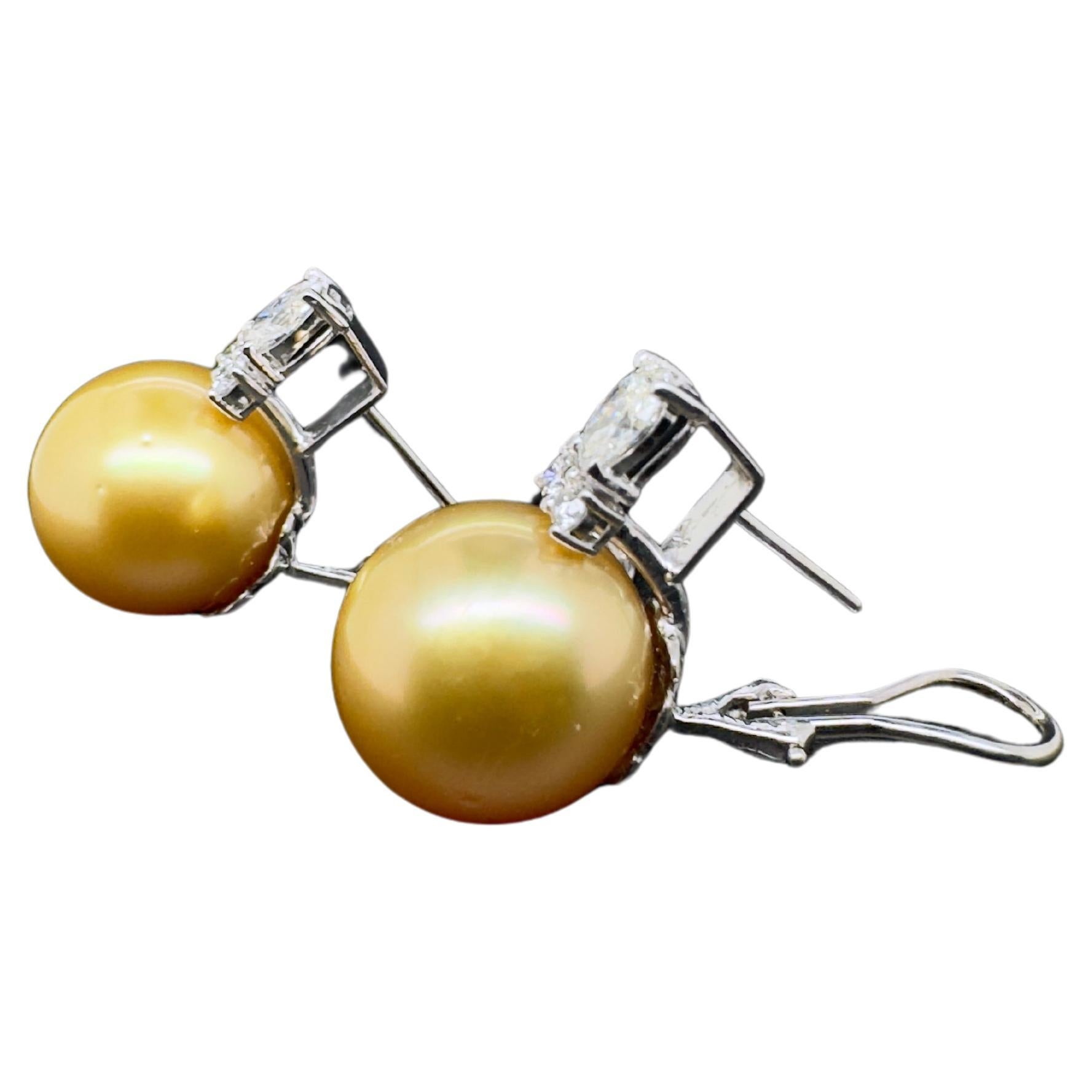 Contemporary 14k White Gold Diamond and Gold South Sea Pearl Earrings For Sale