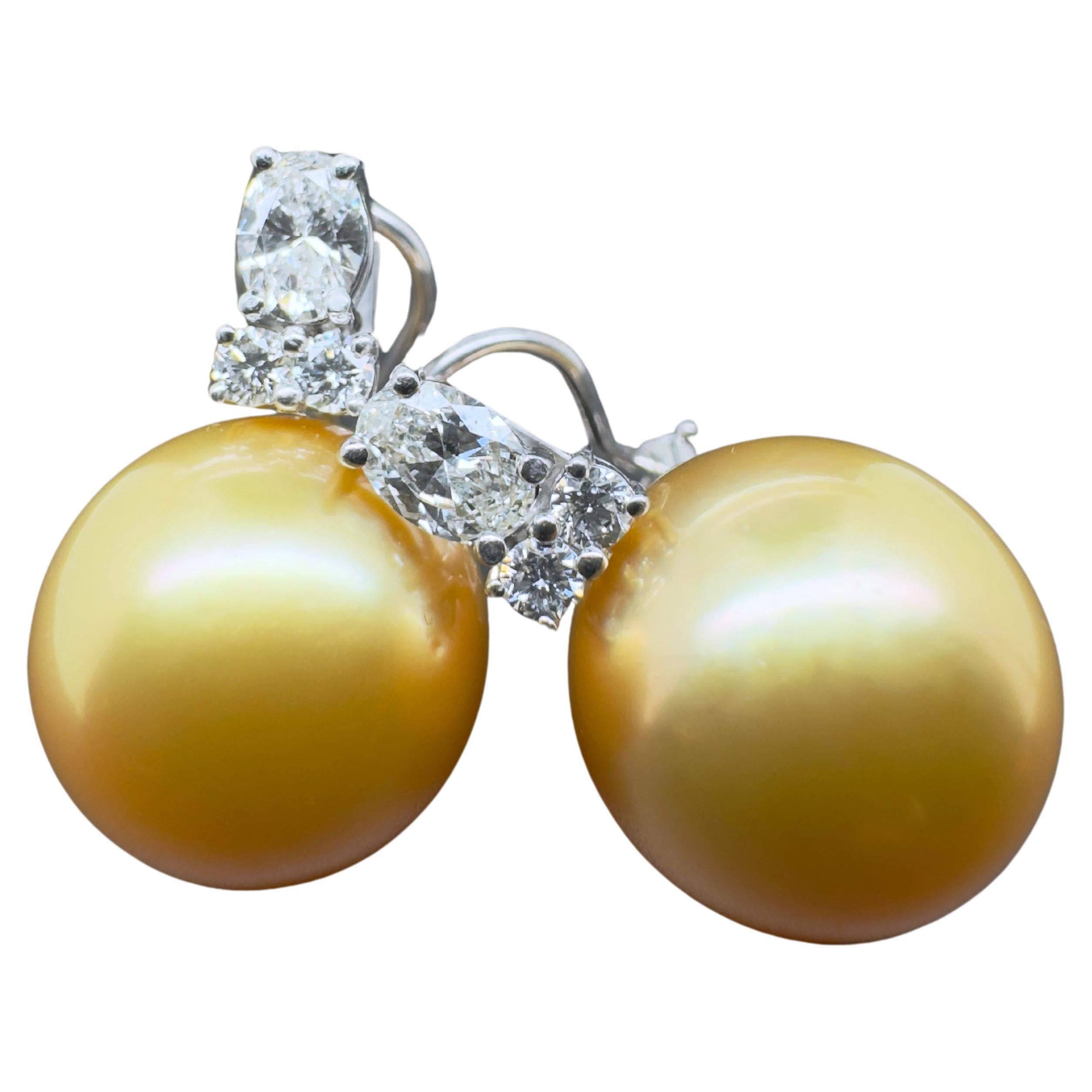 Oval Cut 14k White Gold Diamond and Gold South Sea Pearl Earrings For Sale