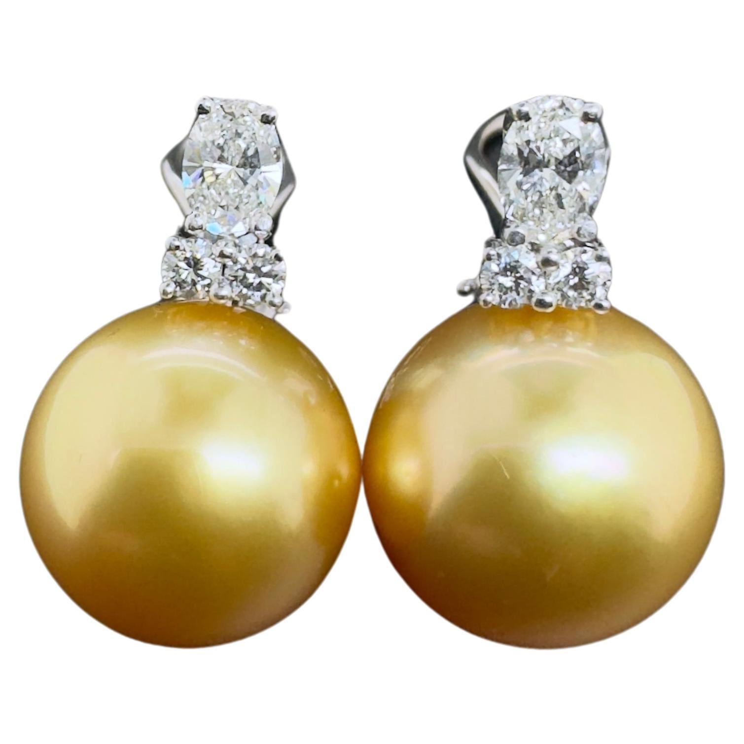 14k White Gold Diamond and Gold South Sea Pearl Earrings For Sale