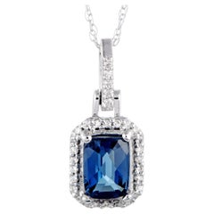 14 Karat White Gold Diamond and London Topaz Rectangle Cushion Pendant Necklace