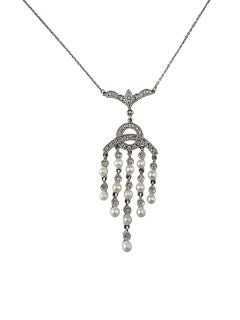 14K White Gold Diamond and Pearl Drop Necklace #23804
