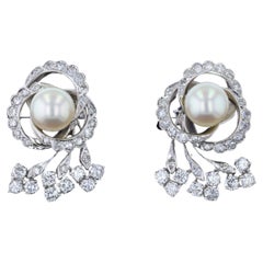 14k White Gold Diamond and Pearl Earrings