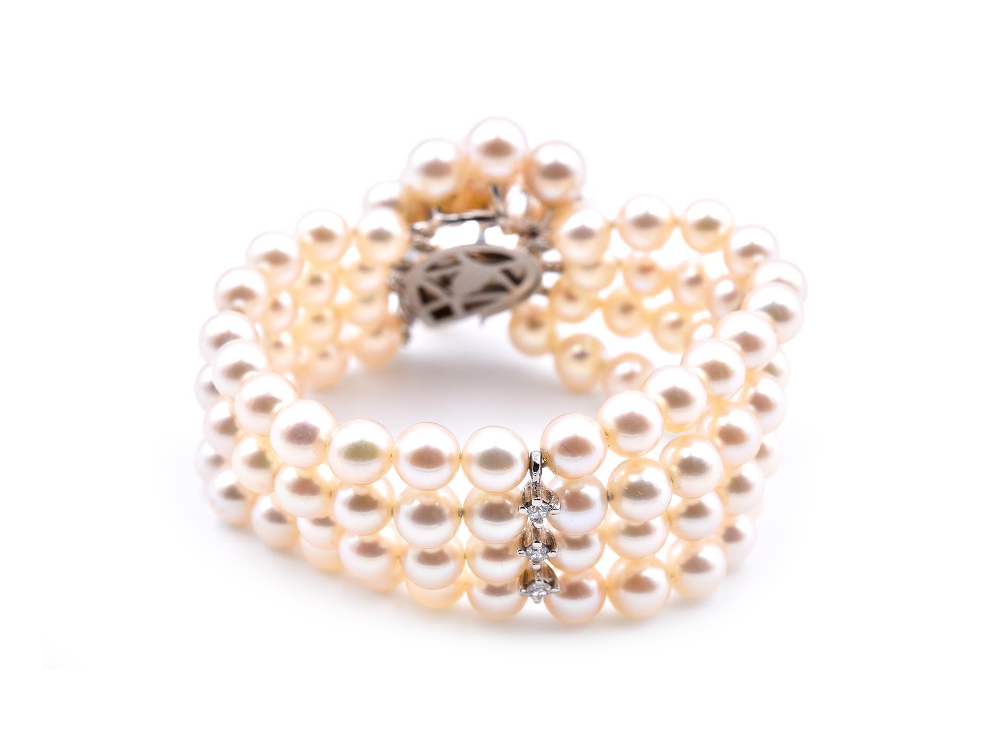 14 Karat White Gold Diamond and Pearl Four Strand Bracelet In Excellent Condition In Scottsdale, AZ