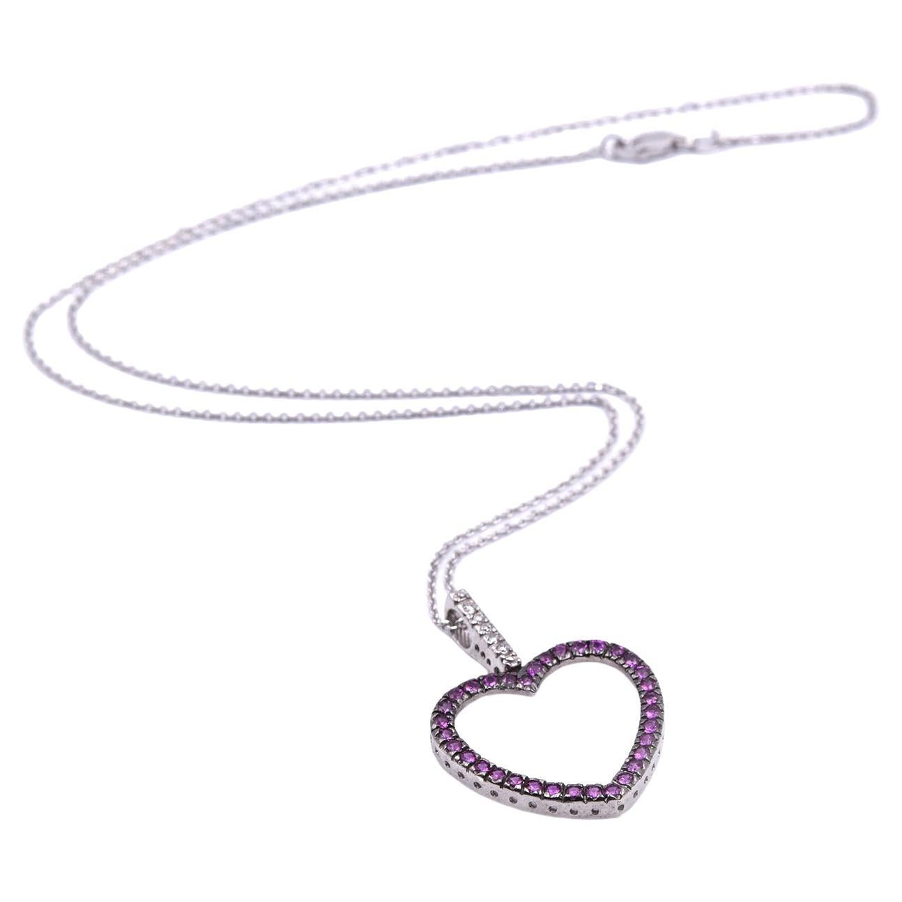 Taglio rotondo Collana a cuore con diamanti e zaffiri rosa in oro bianco 14k in vendita
