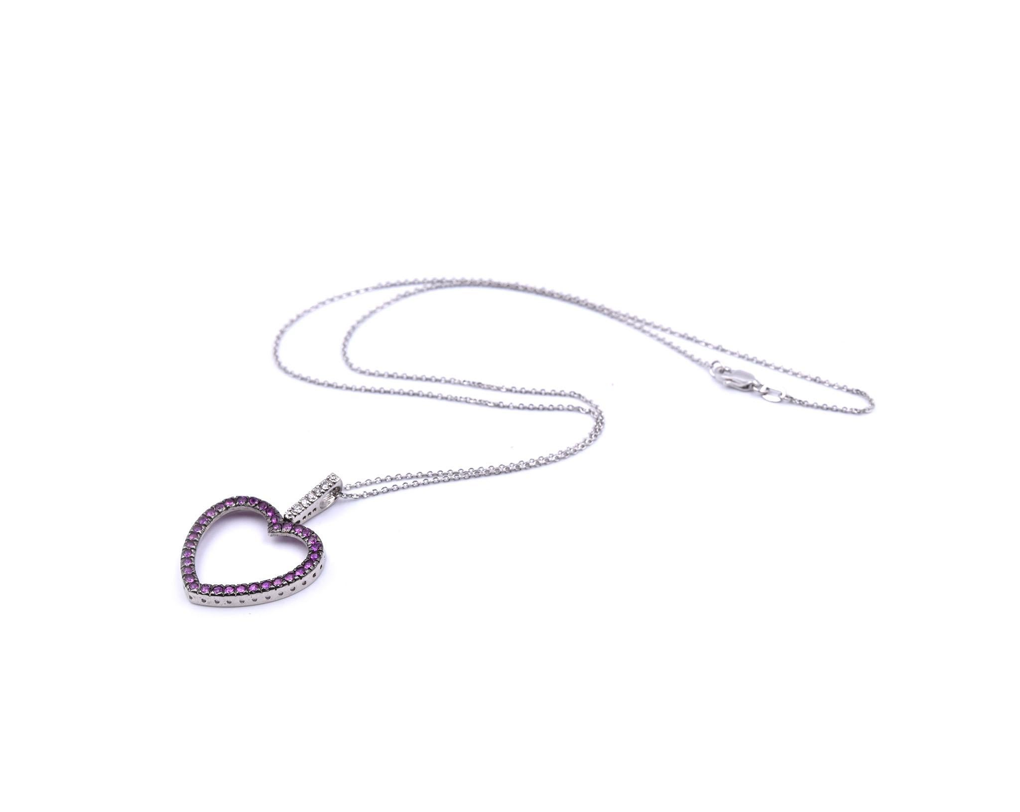 Round Cut 14k White Gold Diamond and Pink Sapphire Heart Necklace For Sale