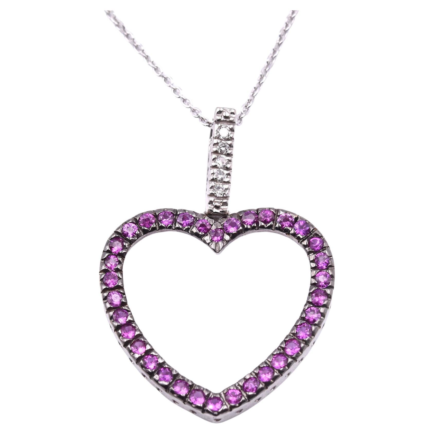 14k White Gold Diamond and Pink Sapphire Heart Necklace For Sale
