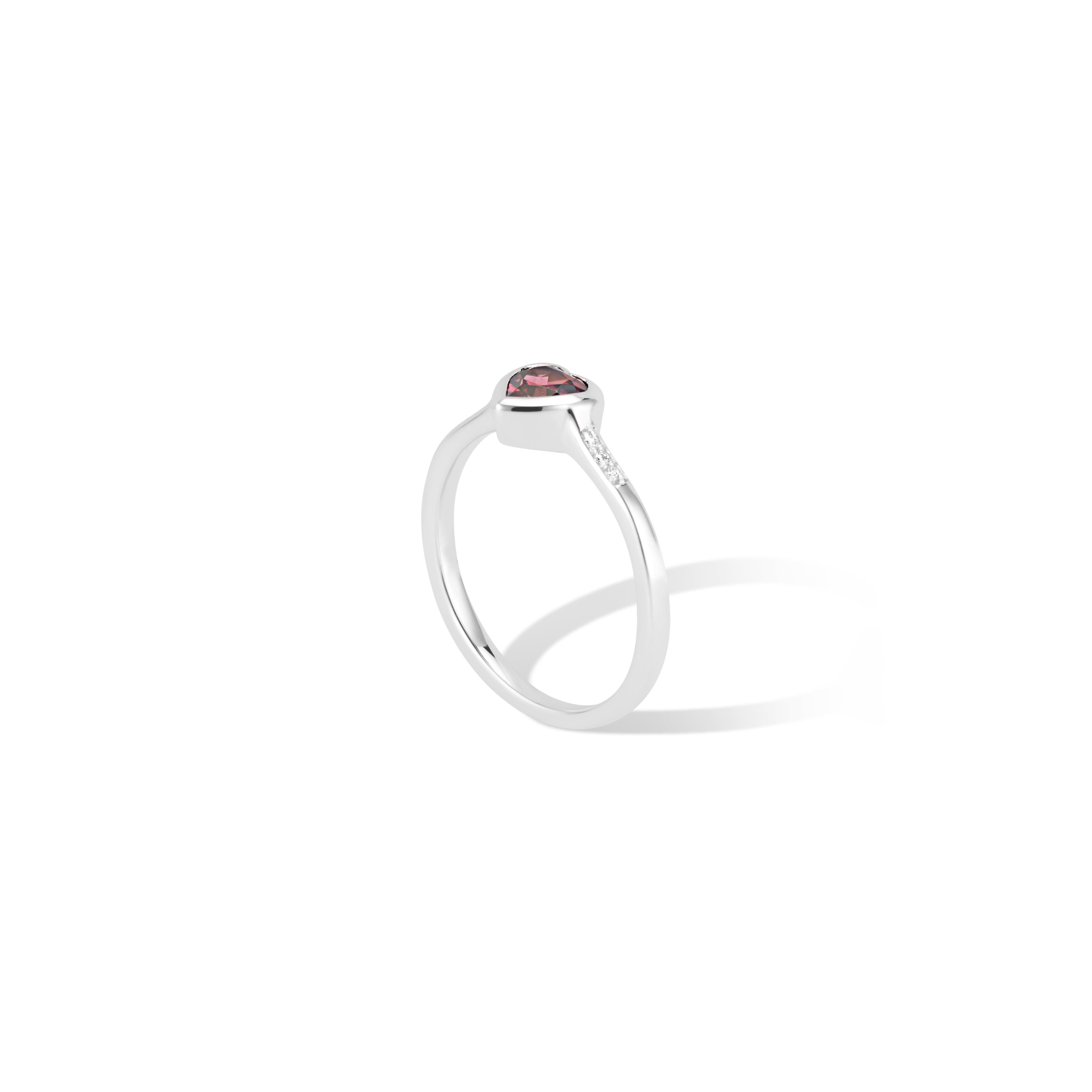This 14K White Gold Diamond and Rhodolite Heart Ring is a petite stacking ring. 
Layer with more hearts, bezel set gems or stacking bands.

Featuring a striking ½ carat (.50tcw) Rhodolite Garnet Heart and in a polished bezel setting, with 
a little